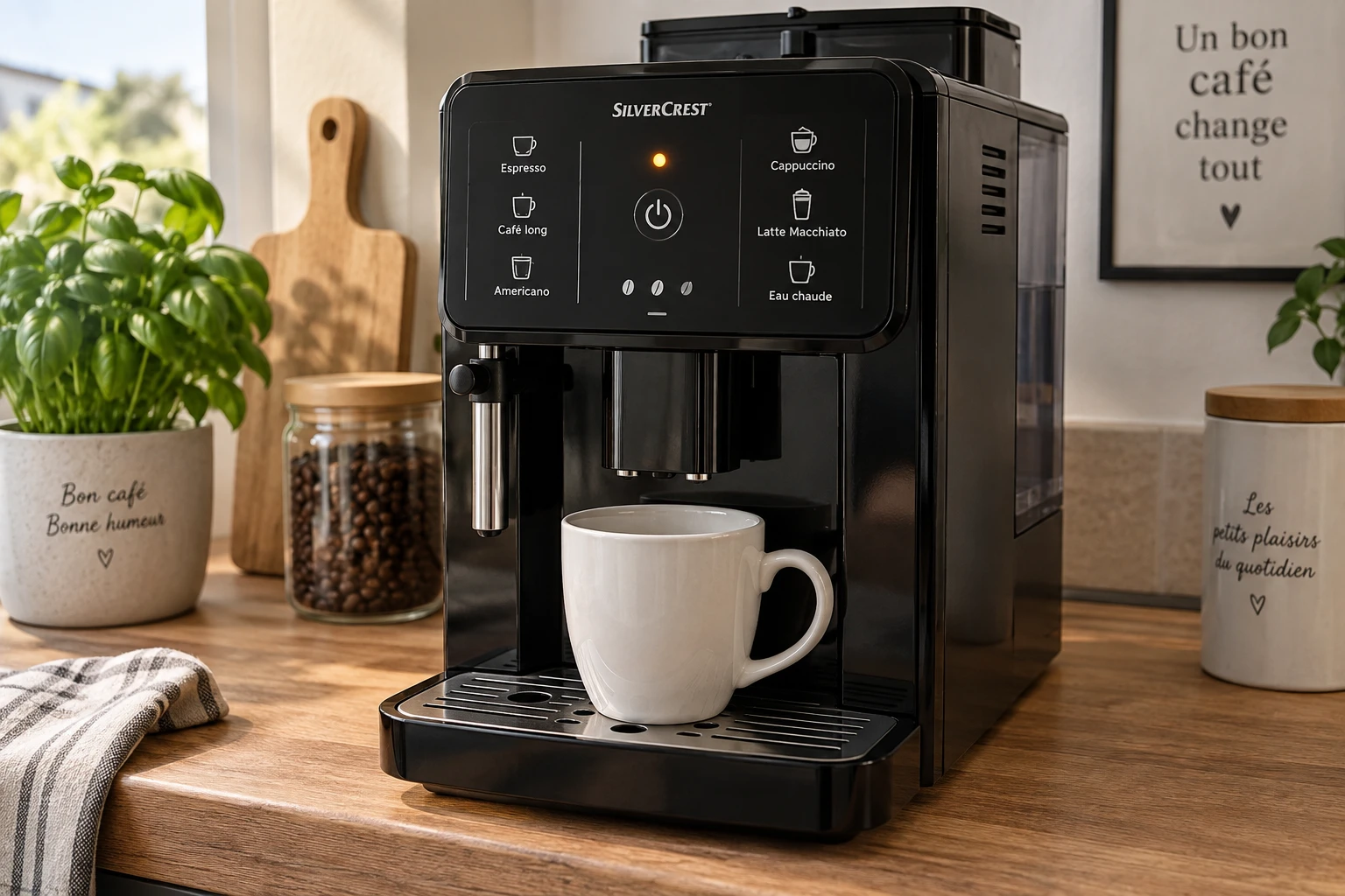 Machine à café automatique Silvercrest avec voyant allumé sur le panneau de commande en cuisine