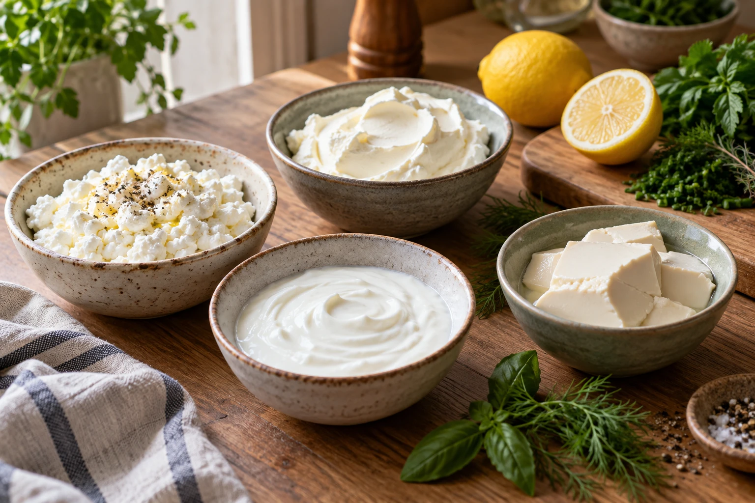 Bols de fromage cottage, mascarpone et fromage blanc posés sur une table en bois pour remplacer la ricotta