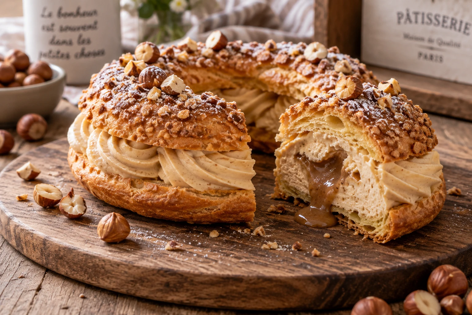Paris-brest revisité coupé montrant la crème pralinée et le cœur coulant sur fond de bois
