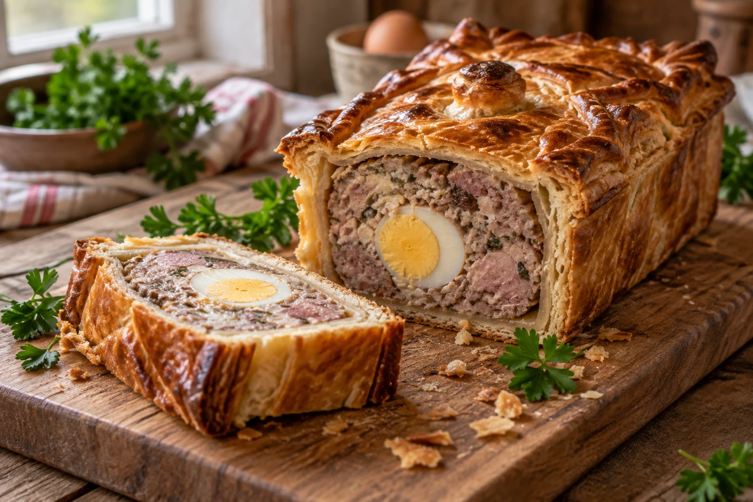 Pâté de Pâques feuilleté tranché avec œufs durs visibles en coupe