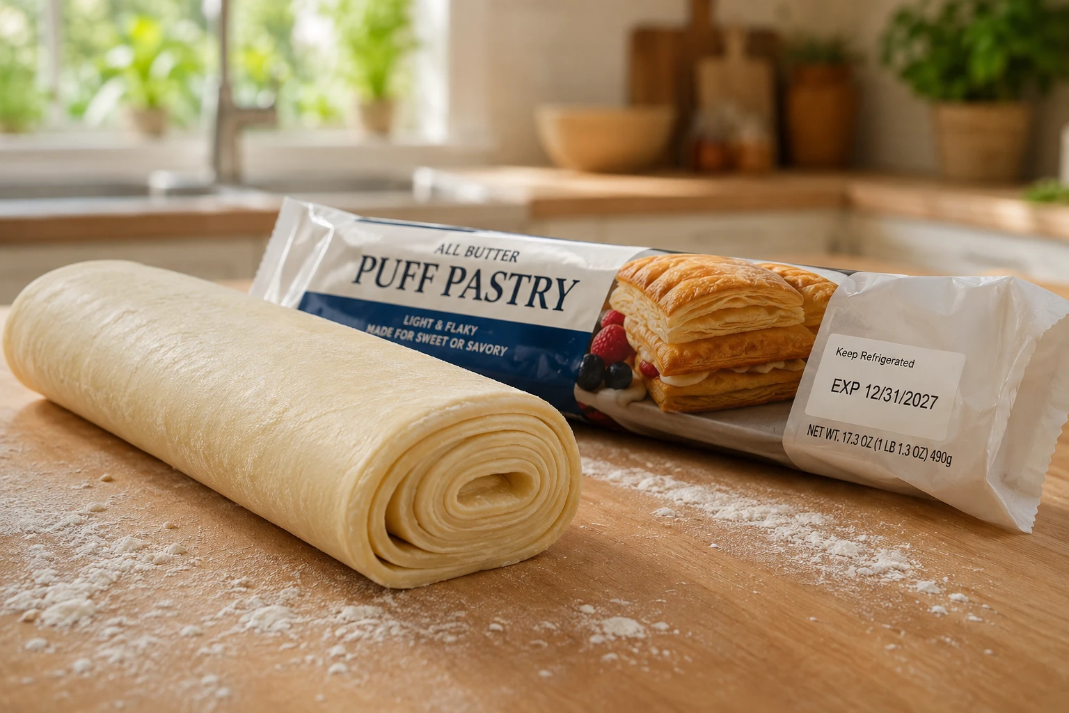 Rouleau de pâte feuilletée ouvert avec emballage montrant la date de péremption sur un plan de travail