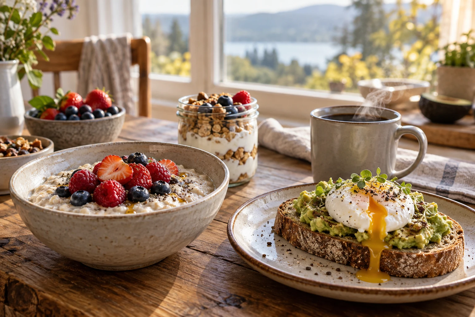 Table de petit déjeuner équilibré avec porridge, tartine avocat-oeuf et yaourt grec