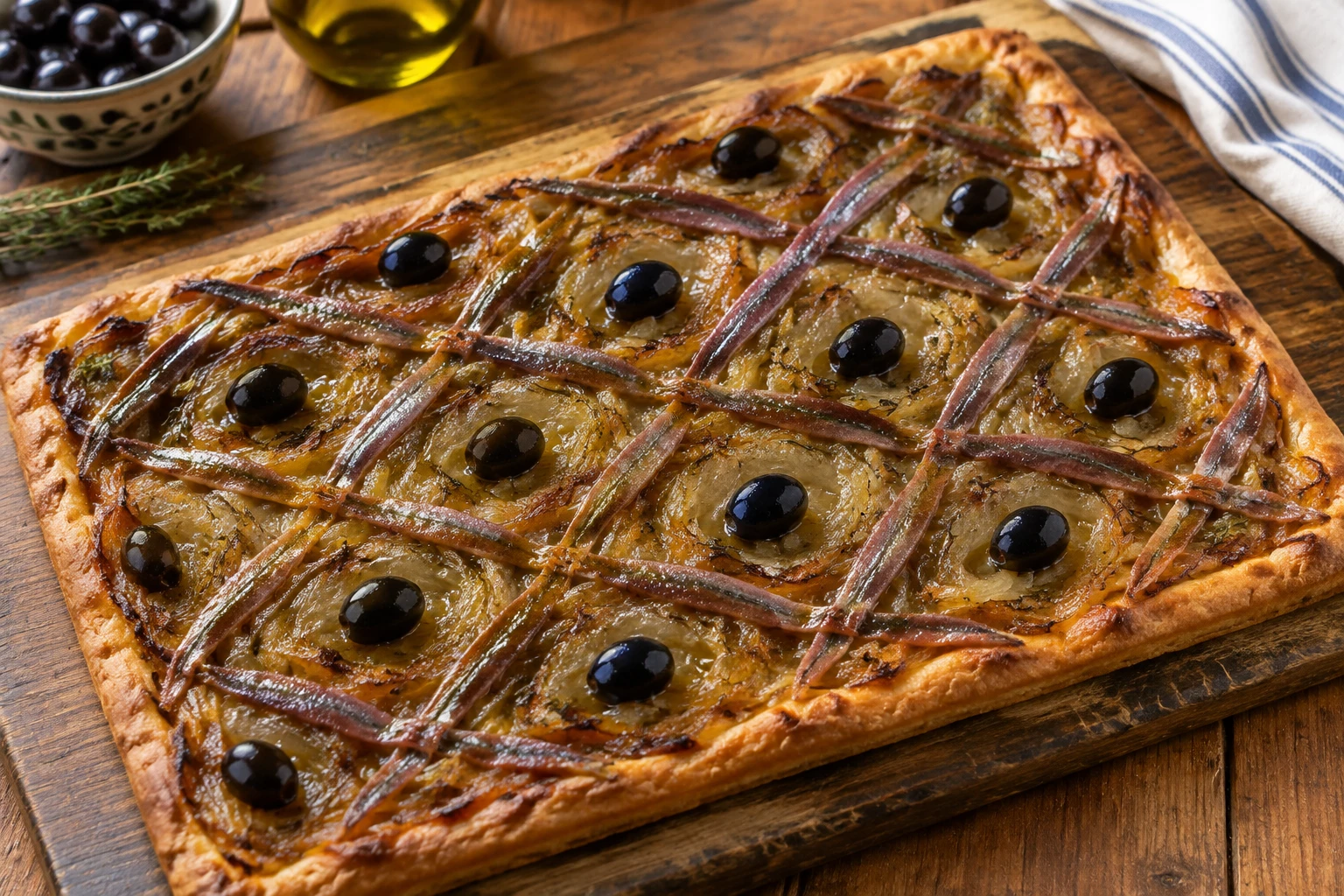 Pissaladière grand-mère aux oignons confits, anchois et olives noires de Nice sur pâte dorée