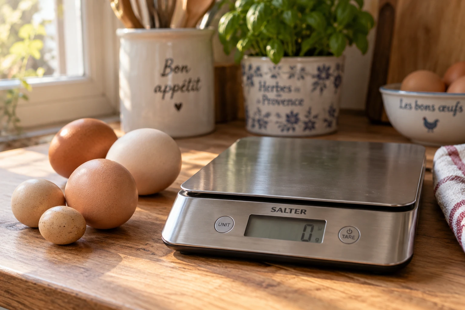 Balance de cuisine avec plusieurs œufs de calibres différents pour illustrer le poids d'un œuf