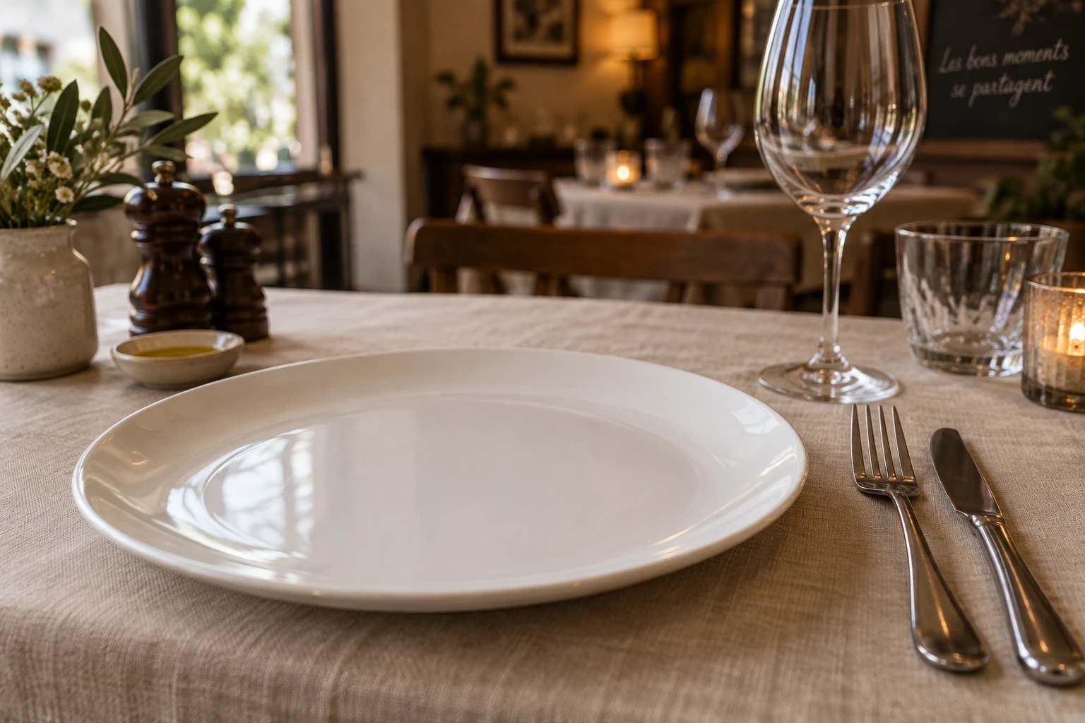 Fourchette et couteau posés en position parallèle sur une assiette blanche, signal de fin de repas