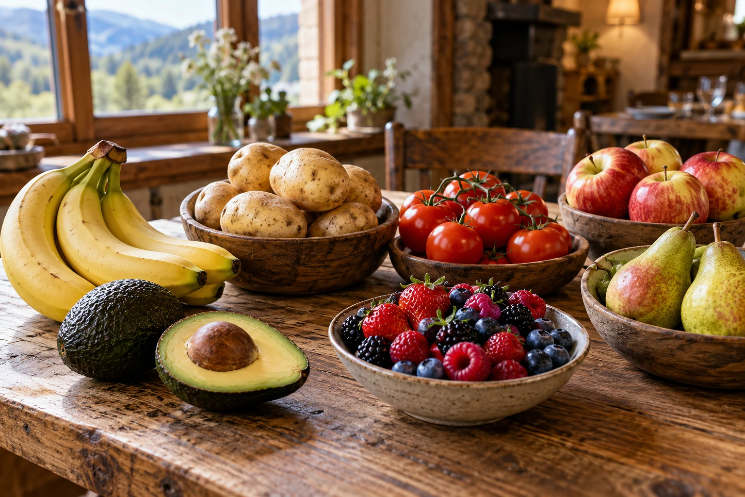Fruits et légumes riches et pauvres en potassium disposés sur une table en bois dans une cuisine chaleureuse