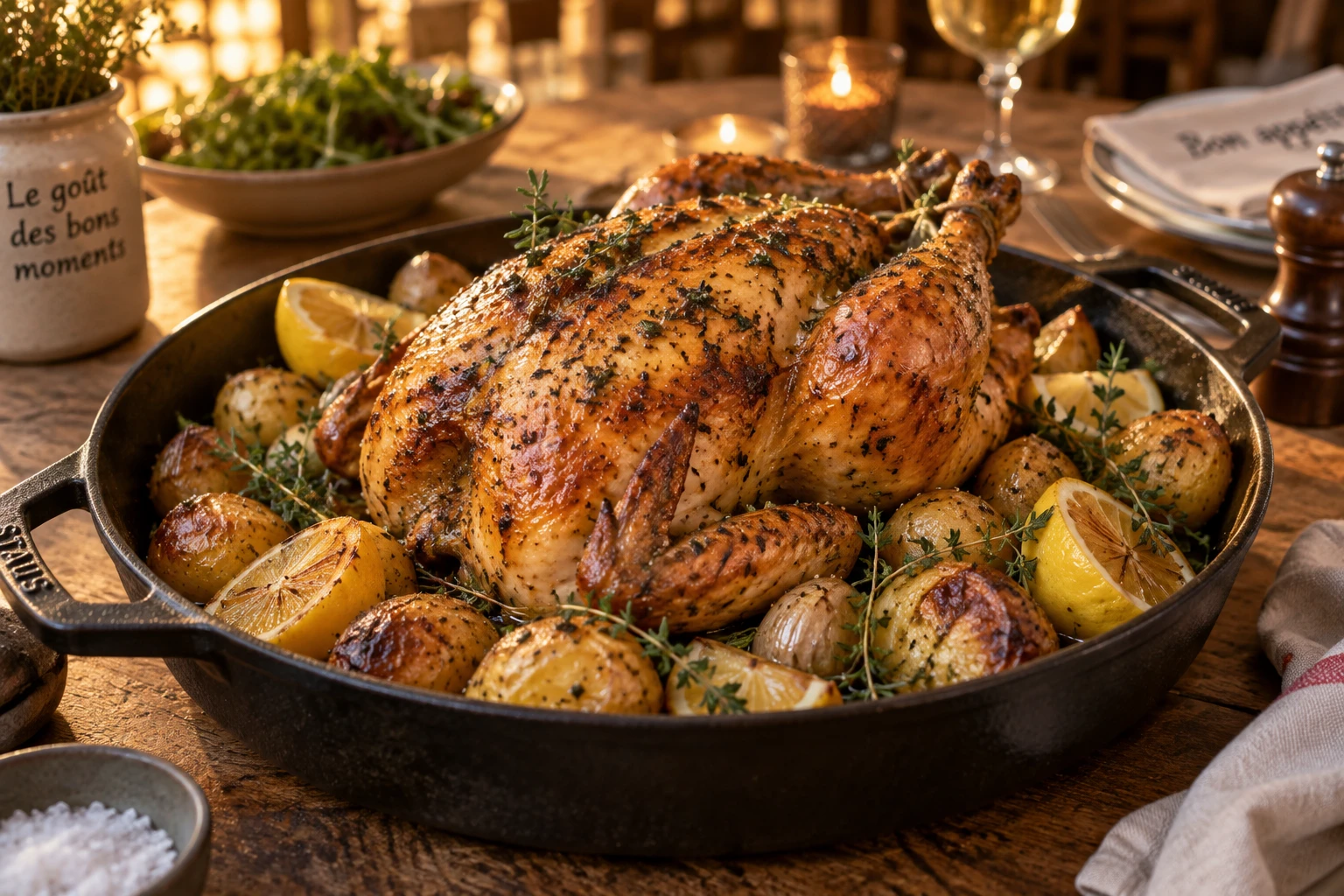 Poulet rôti entier au thym et citron doré, servi avec pommes de terre grenailles sur plat en fonte