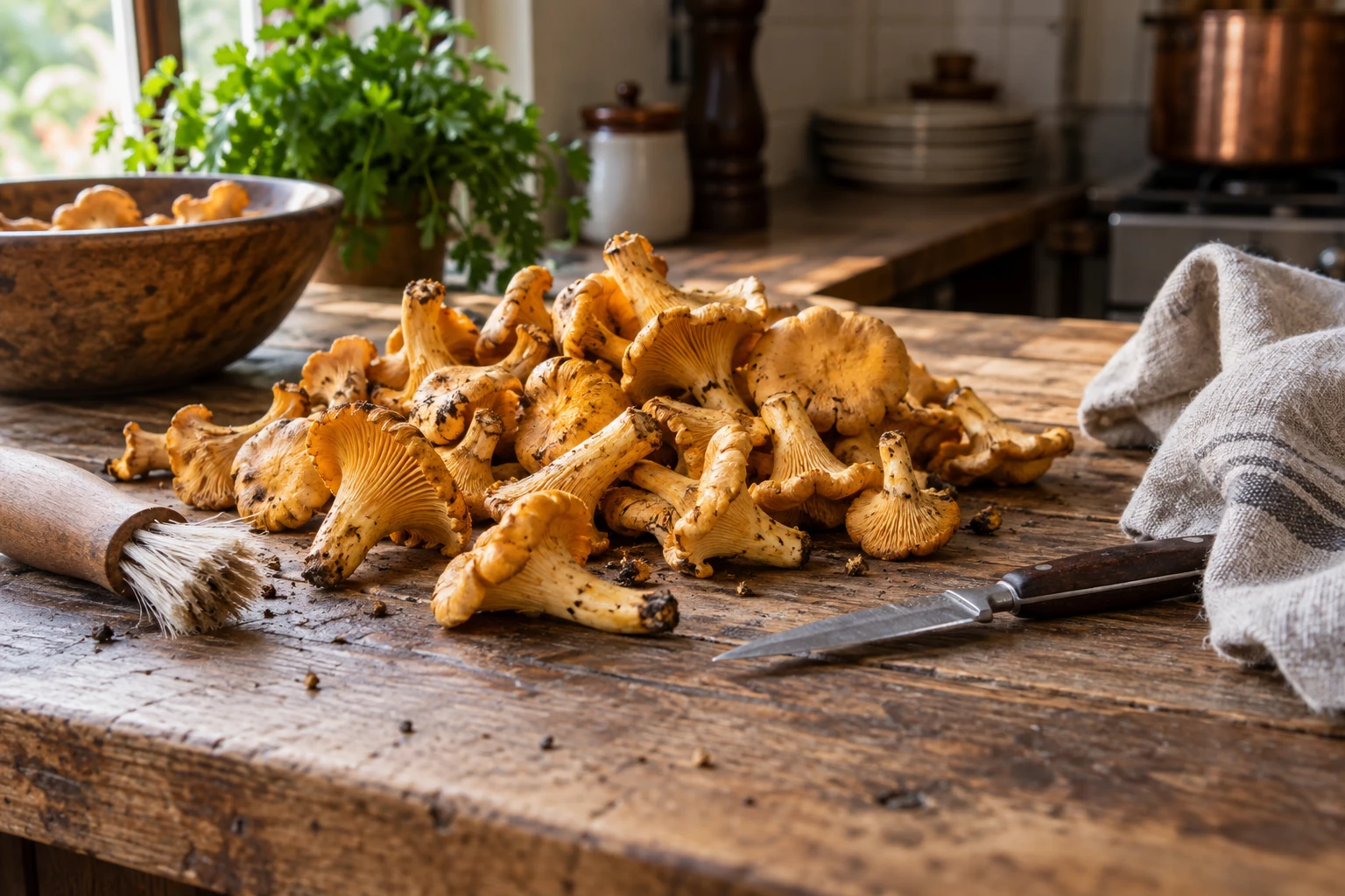 Girolles fraîches posées sur un plan de travail en bois avec brosse et couteau pour la préparation