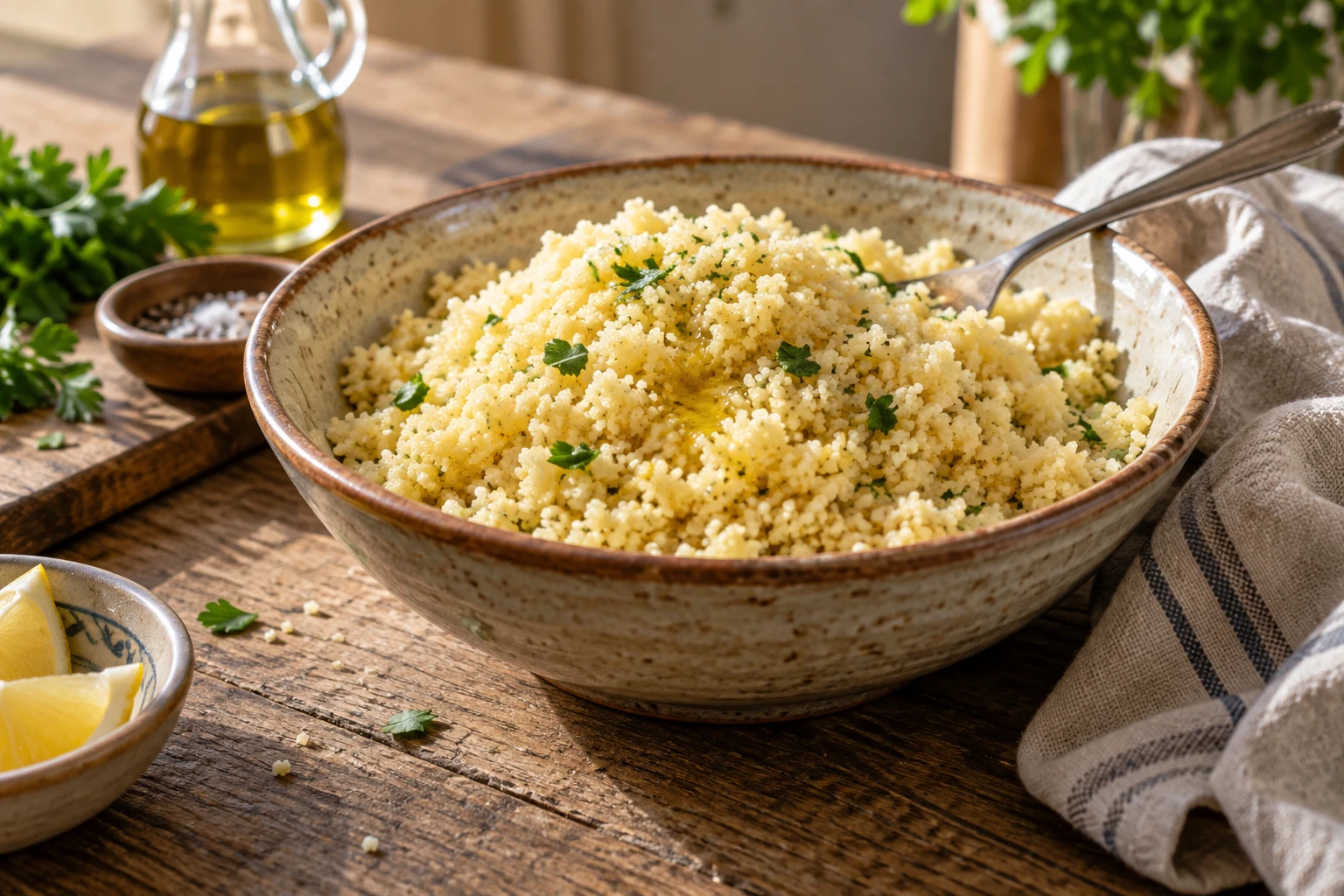 Saladier de semoule de couscous égrenée à la fourchette sur une table en bois