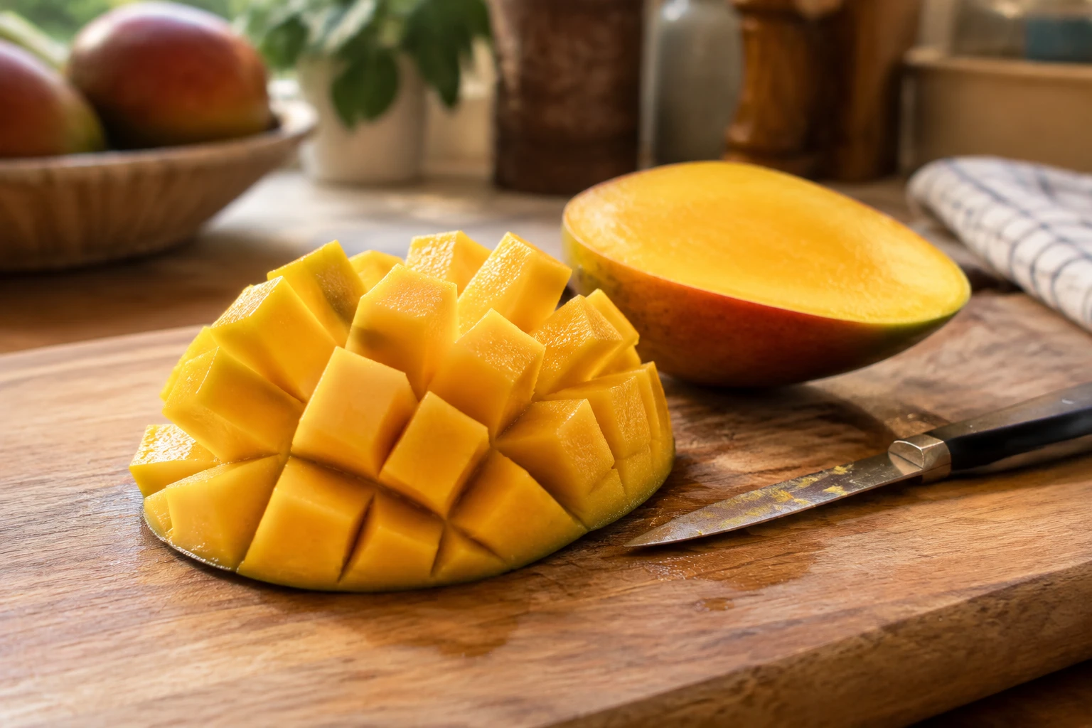 Mangue découpée en cubes façon hérisson sur une planche en bois avec un couteau à côté
