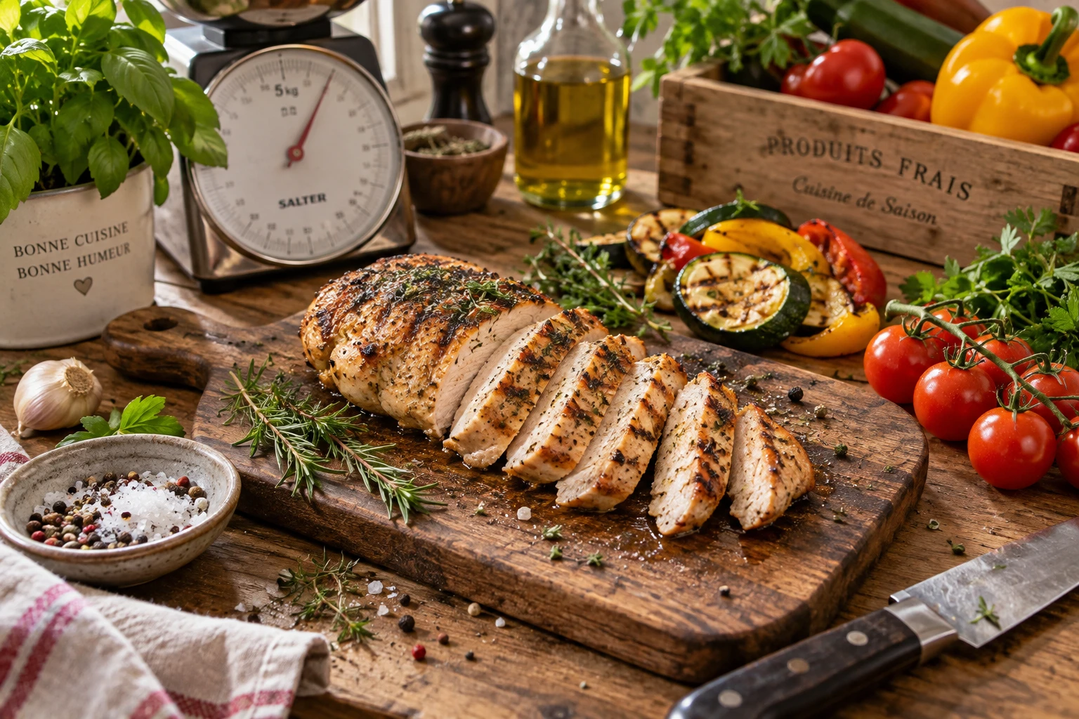 Blanc de poulet grillé tranché sur une planche en bois à côté d'une balance de cuisine