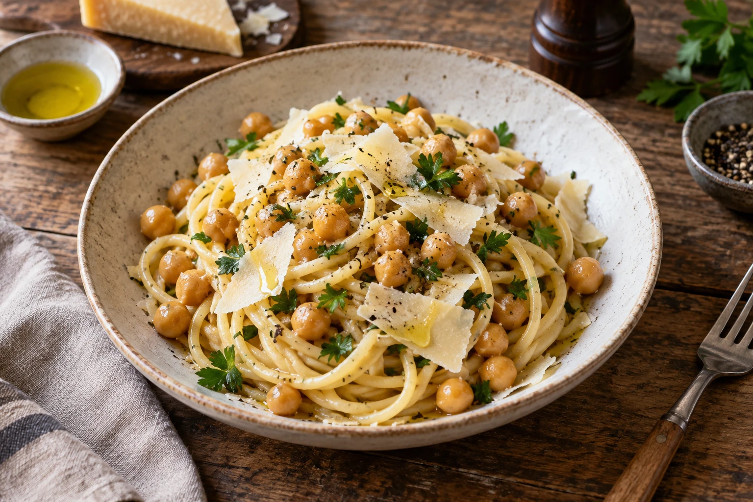 Assiette de pâtes complétée de pois chiches et parmesan pour illustrer les protéines dans les pâtes