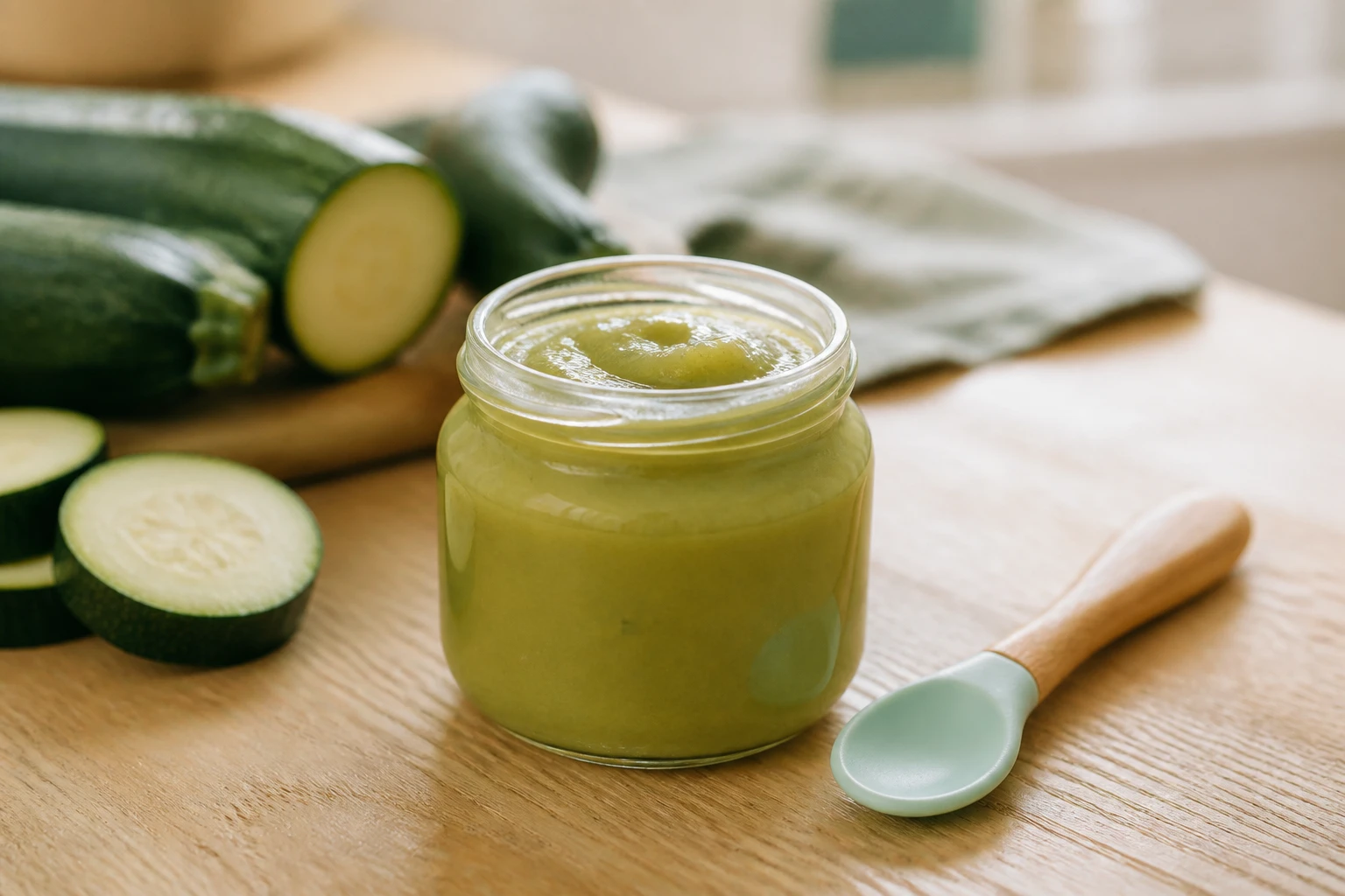 Petit pot de purée de courgette pour bébé avec cuillère en silicone sur table en bois