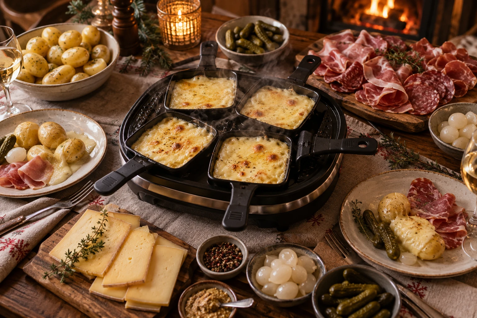 Table dressée pour une raclette avec fromage fondu, pommes de terre et charcuterie pour plusieurs convives