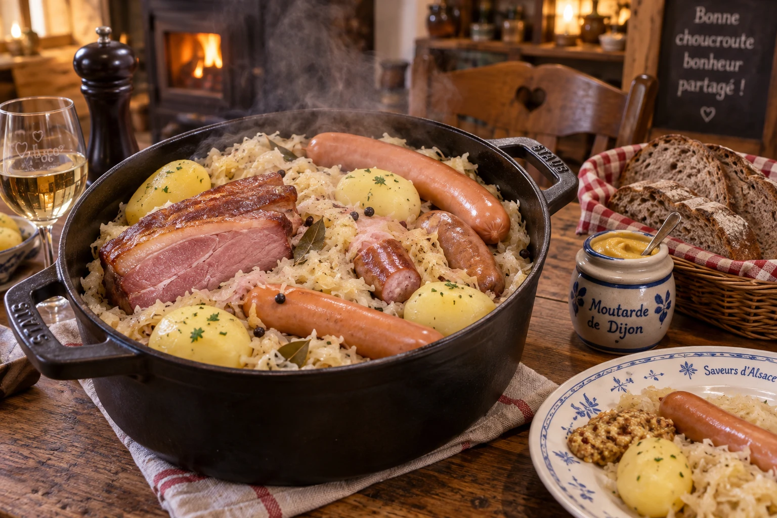 Choucroute garnie de grand-mère servie dans une cocotte en fonte avec saucisses et pommes de terre