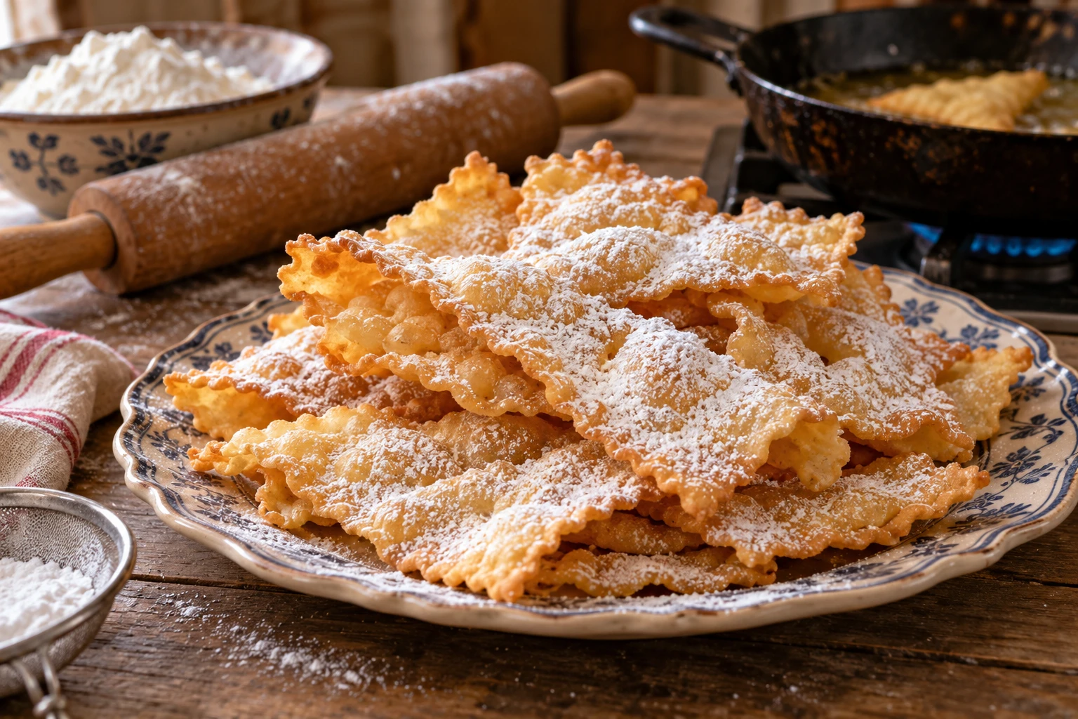 Oreillettes dorées saupoudrées de sucre glace sur un plat ancien, table de cuisine en bois