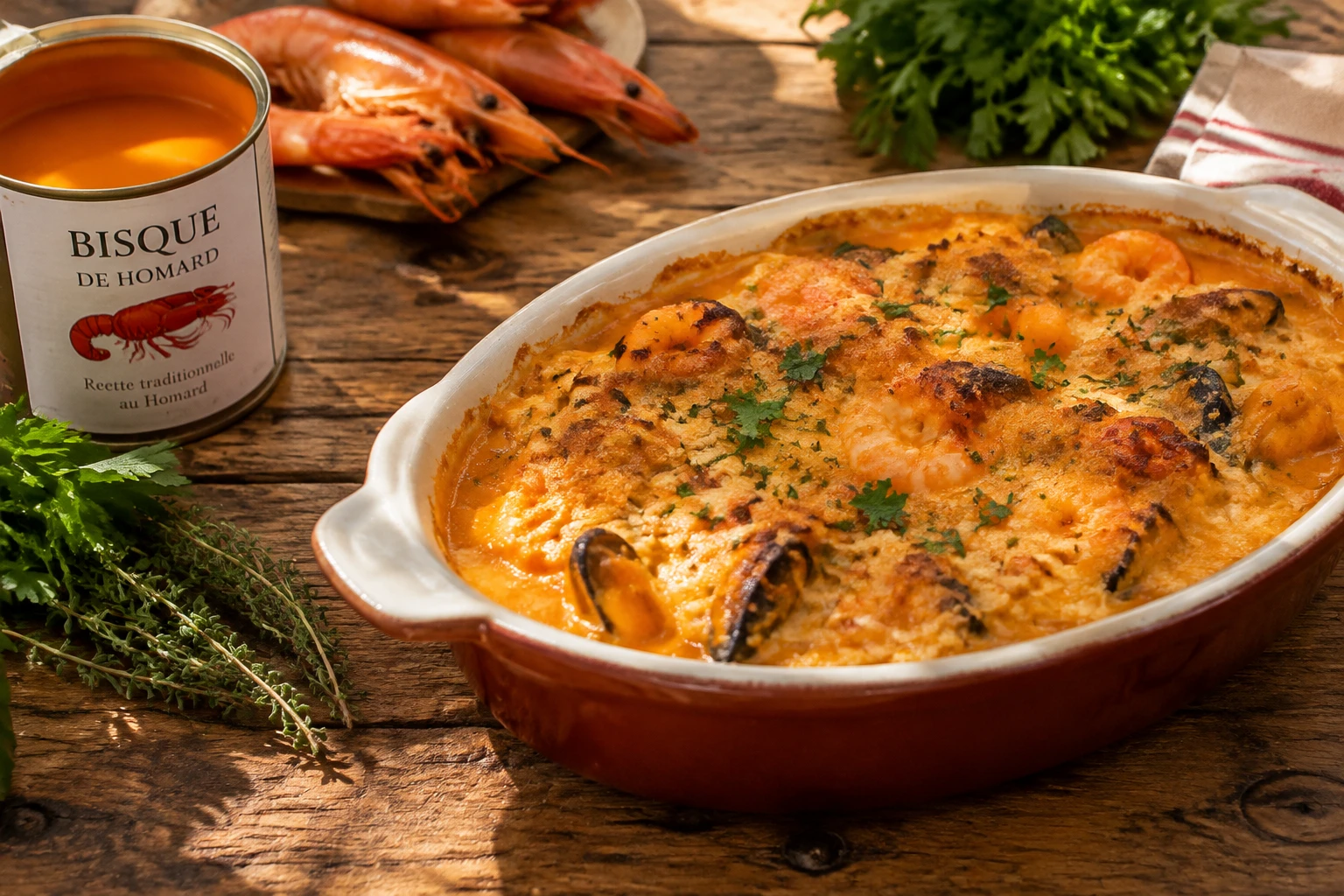 Gratin de fruits de mer à la bisque de homard dans un plat en céramique sur une table en bois