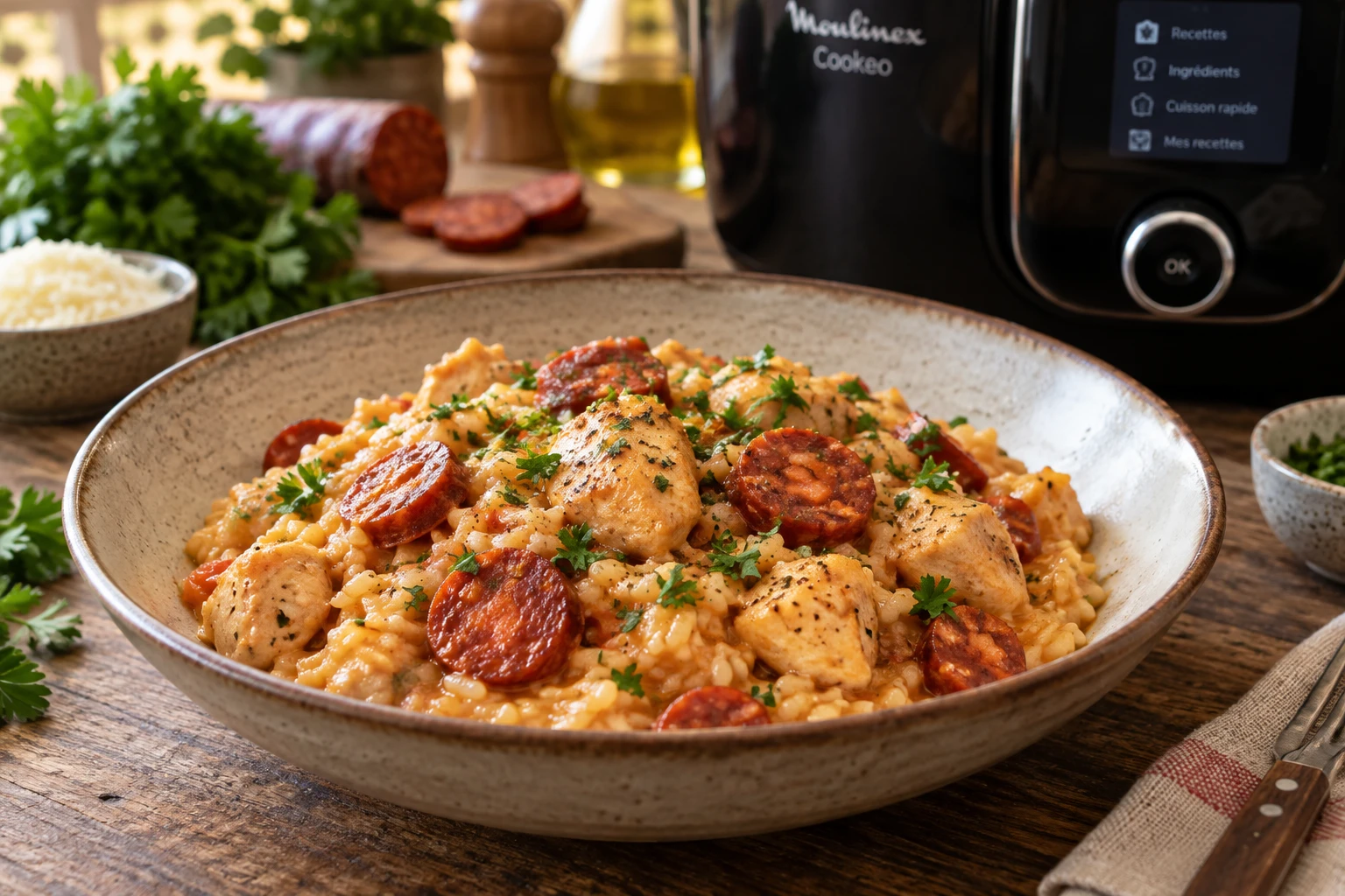 Assiette de risotto au poulet et au chorizo préparé au Cookeo, servi sur une table en bois