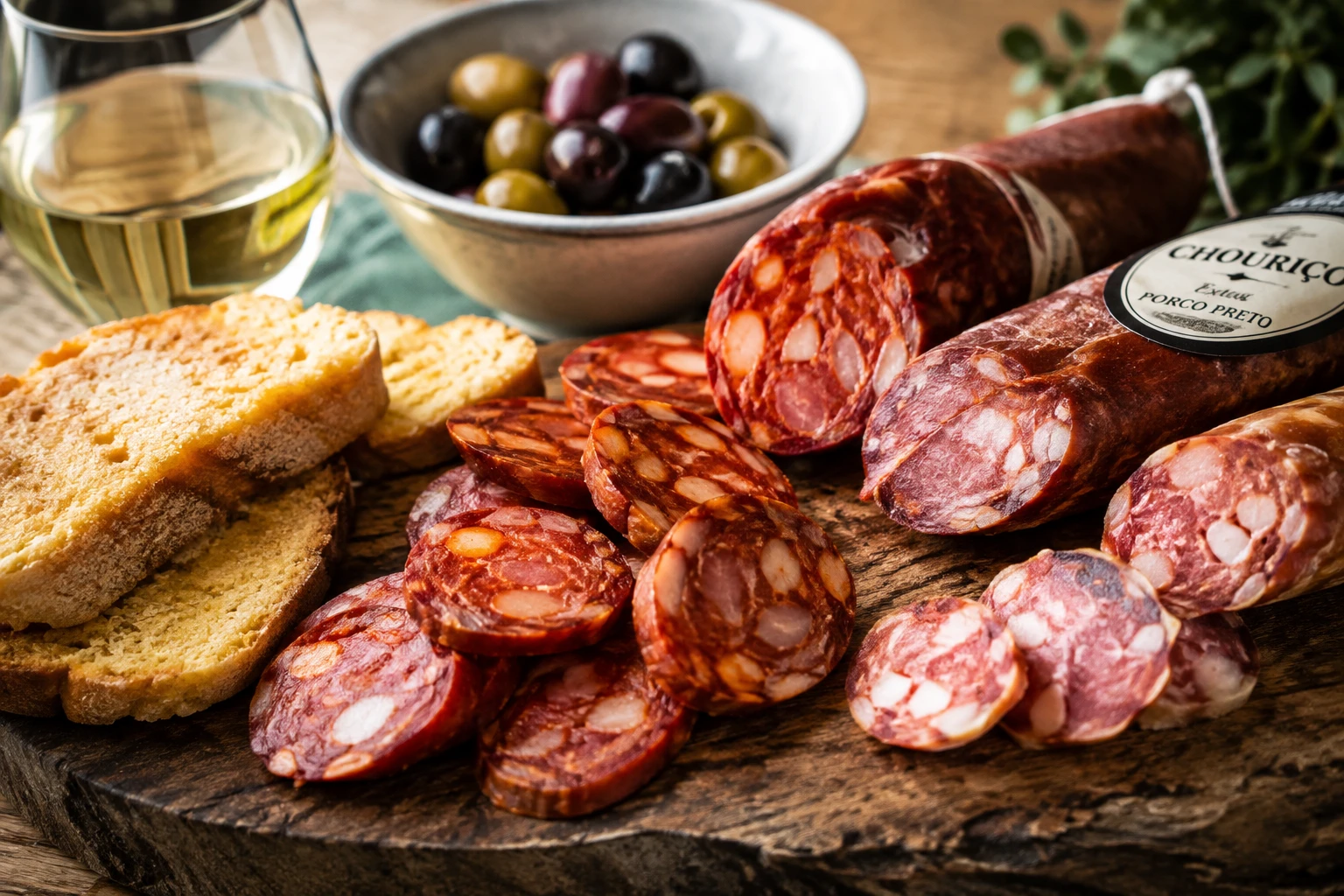 Planche de saucisson portugais tranché avec chouriço, pain de maïs et vin