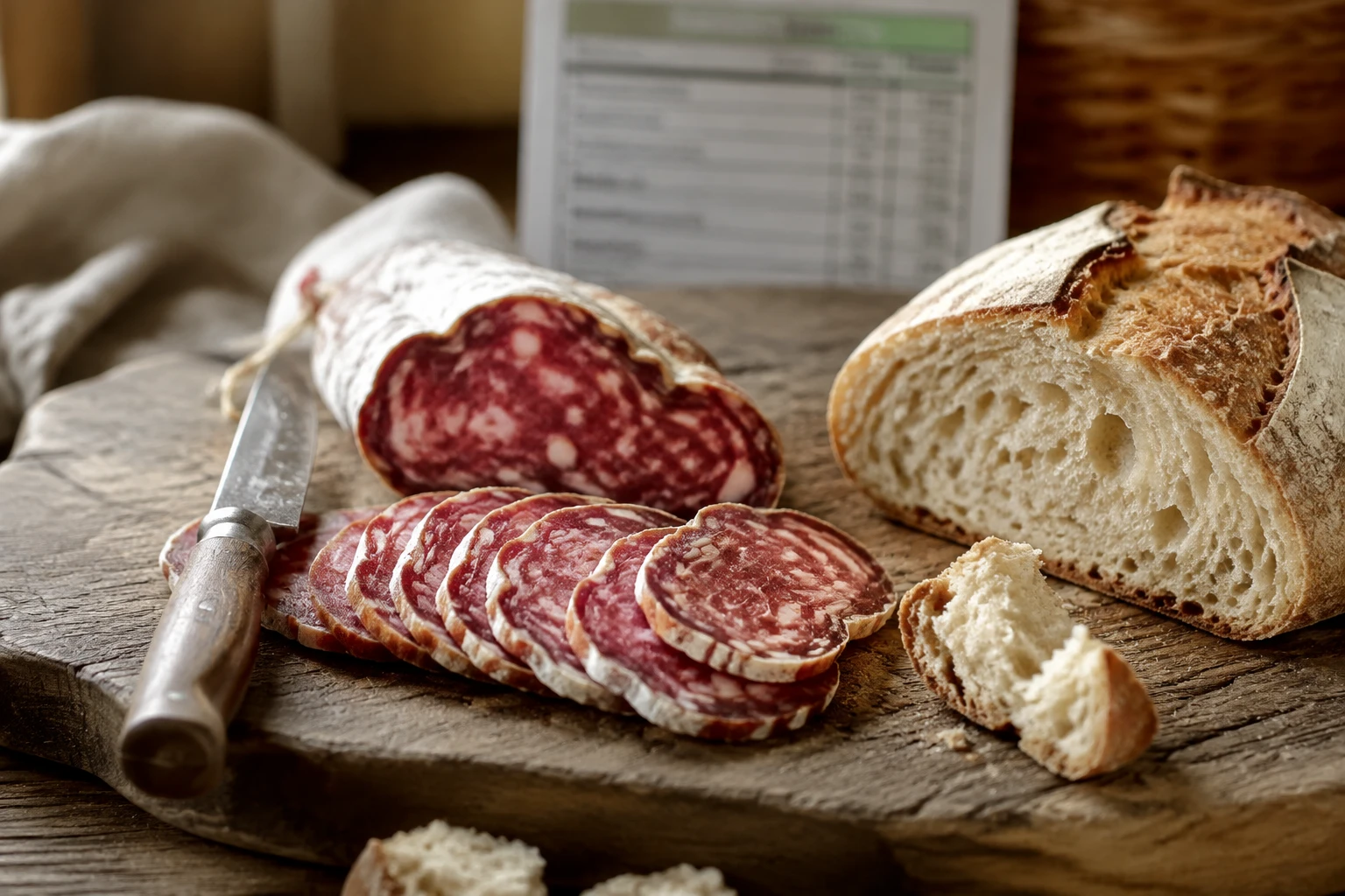 Tranches de saucisson sans gras allégé disposées sur une planche en bois avec pain de campagne
