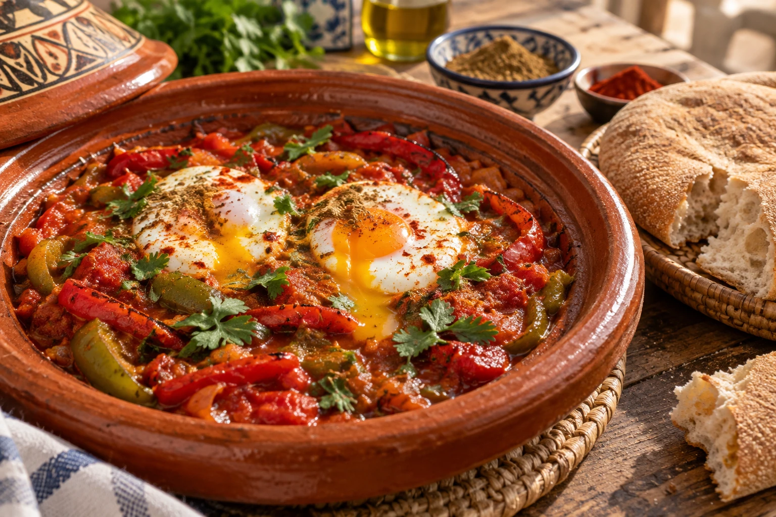 Tchoutchouka marocaine mijotée avec poivrons confits, tomates et œufs pochés servie avec du pain