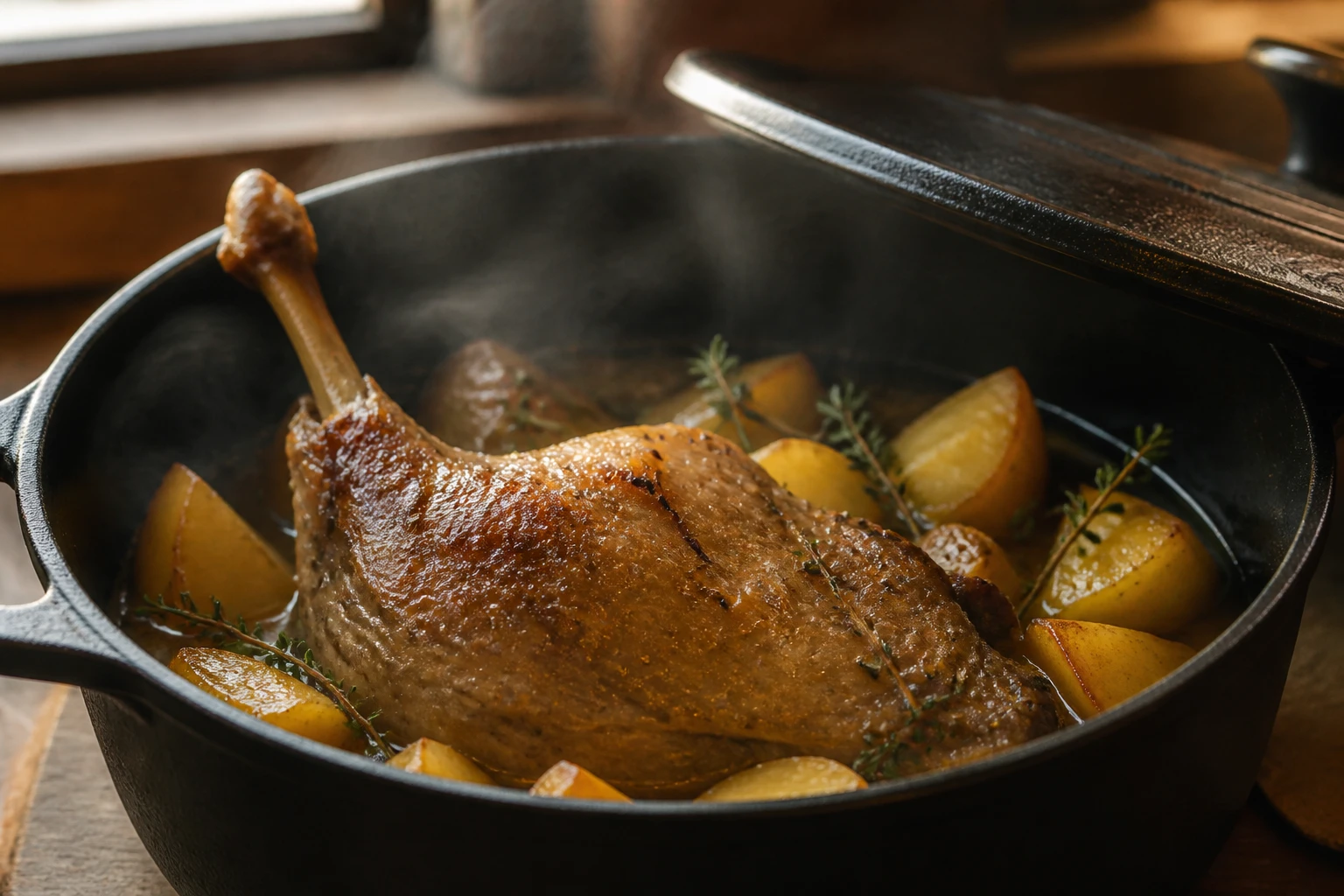 Cuisse de canard dorée mijotant avec pommes de terre dans une cocotte en fonte noire