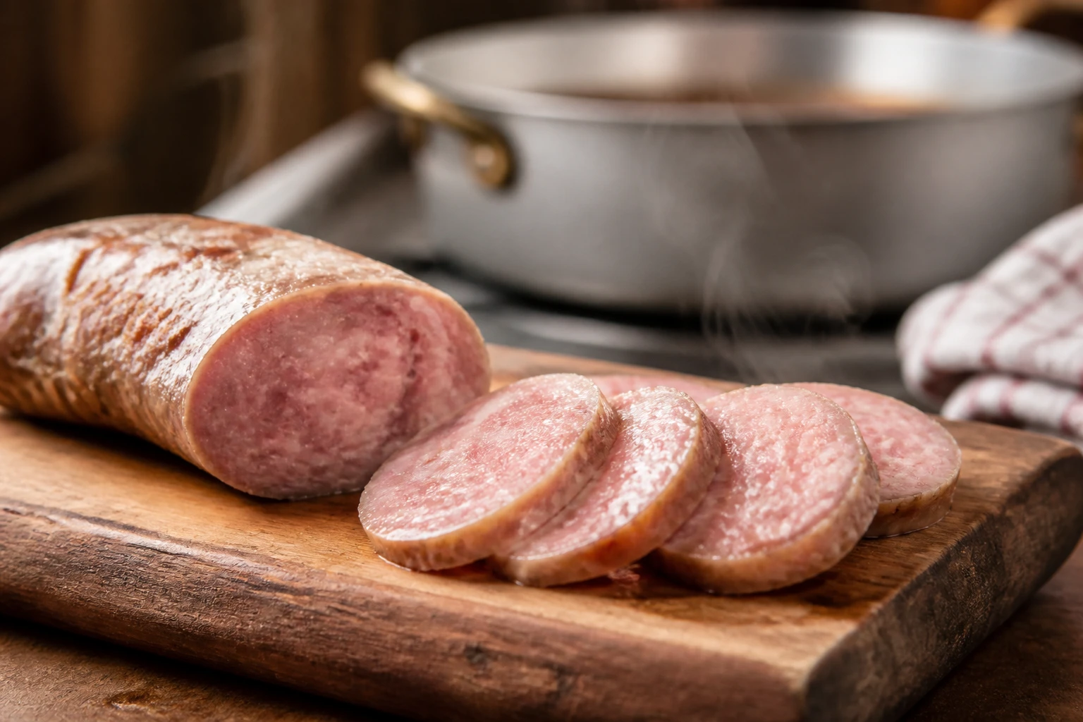 Saucisson à cuire tranché sur planche en bois après cuisson à l'eau frémissante