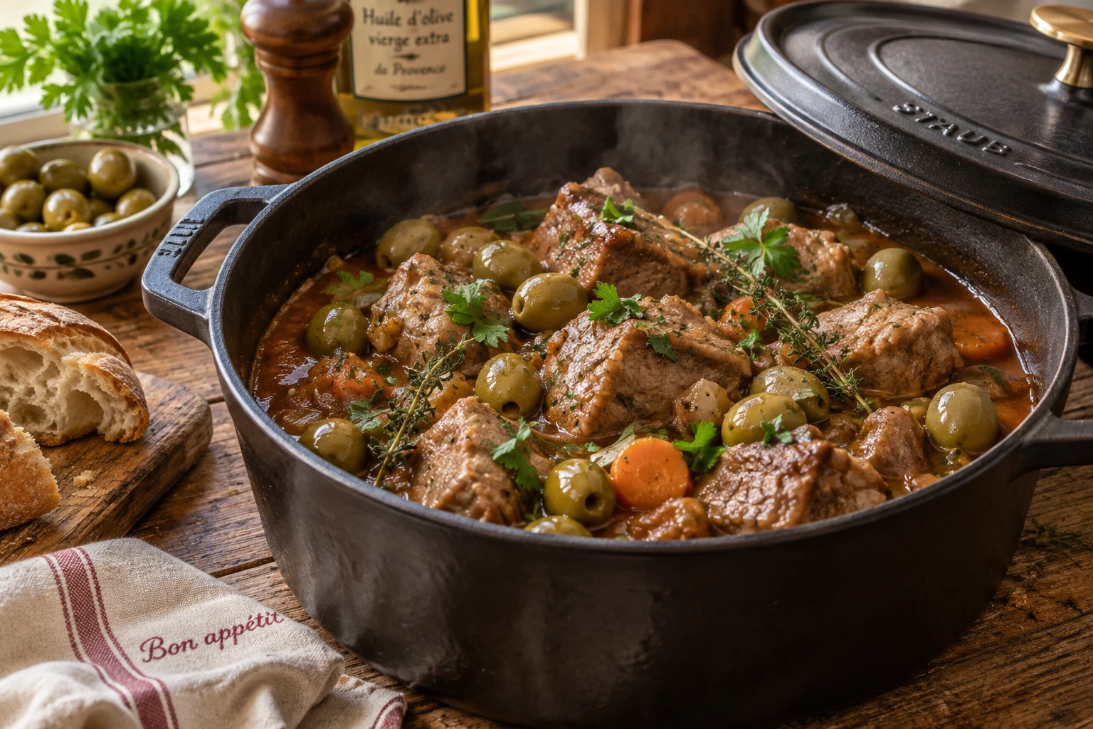 Cocotte en fonte avec veau aux olives vertes mijoté, sauce brune et persil frais