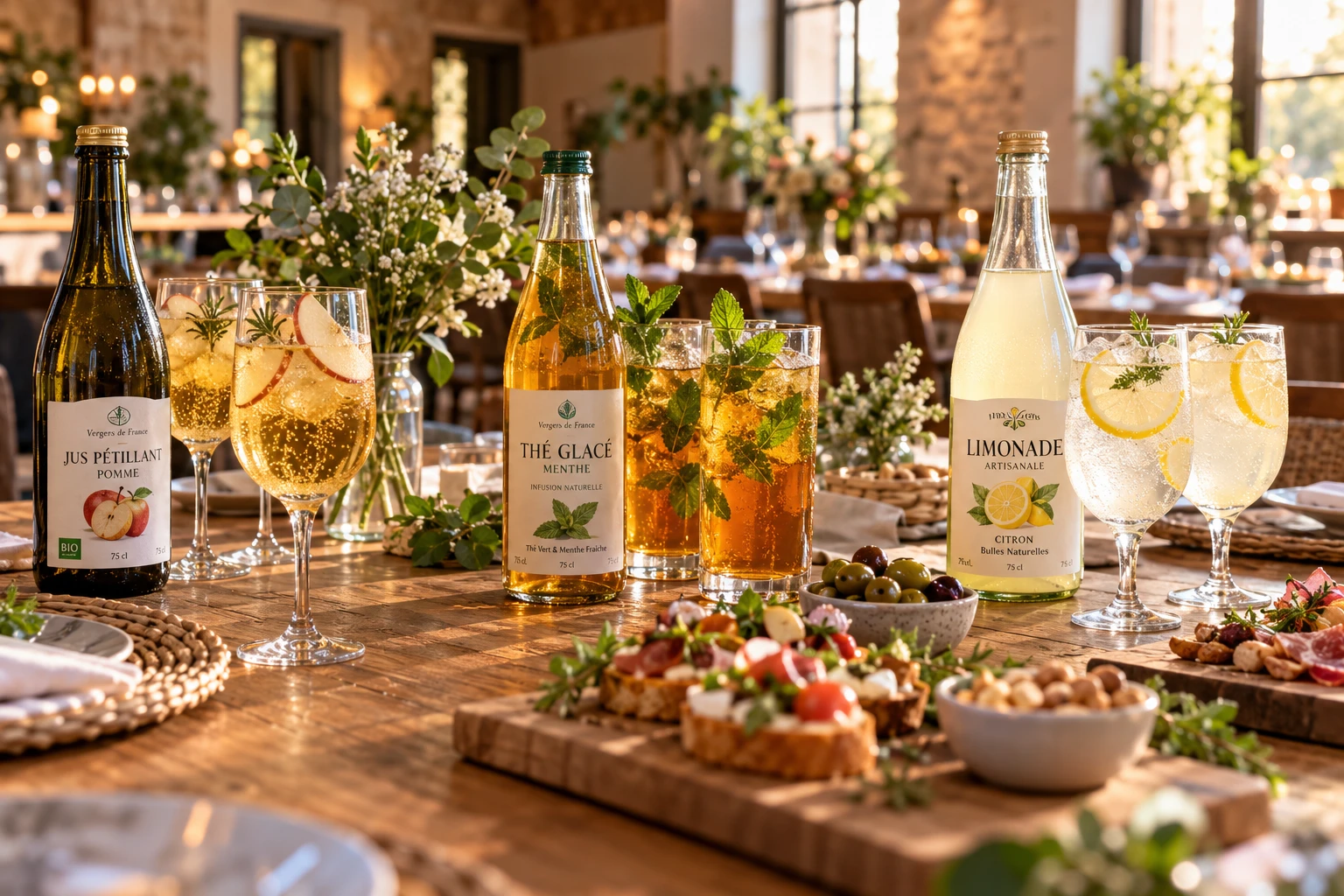 Table de réception avec jus pétillants, thé glacé et limonade, étiquettes visibles pour choisir une boisson halal