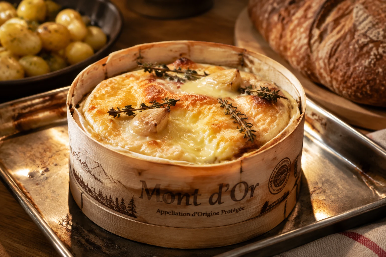 Boîte de mont d'or fondant sortie du four avec ail et thym, servie avec pommes de terre