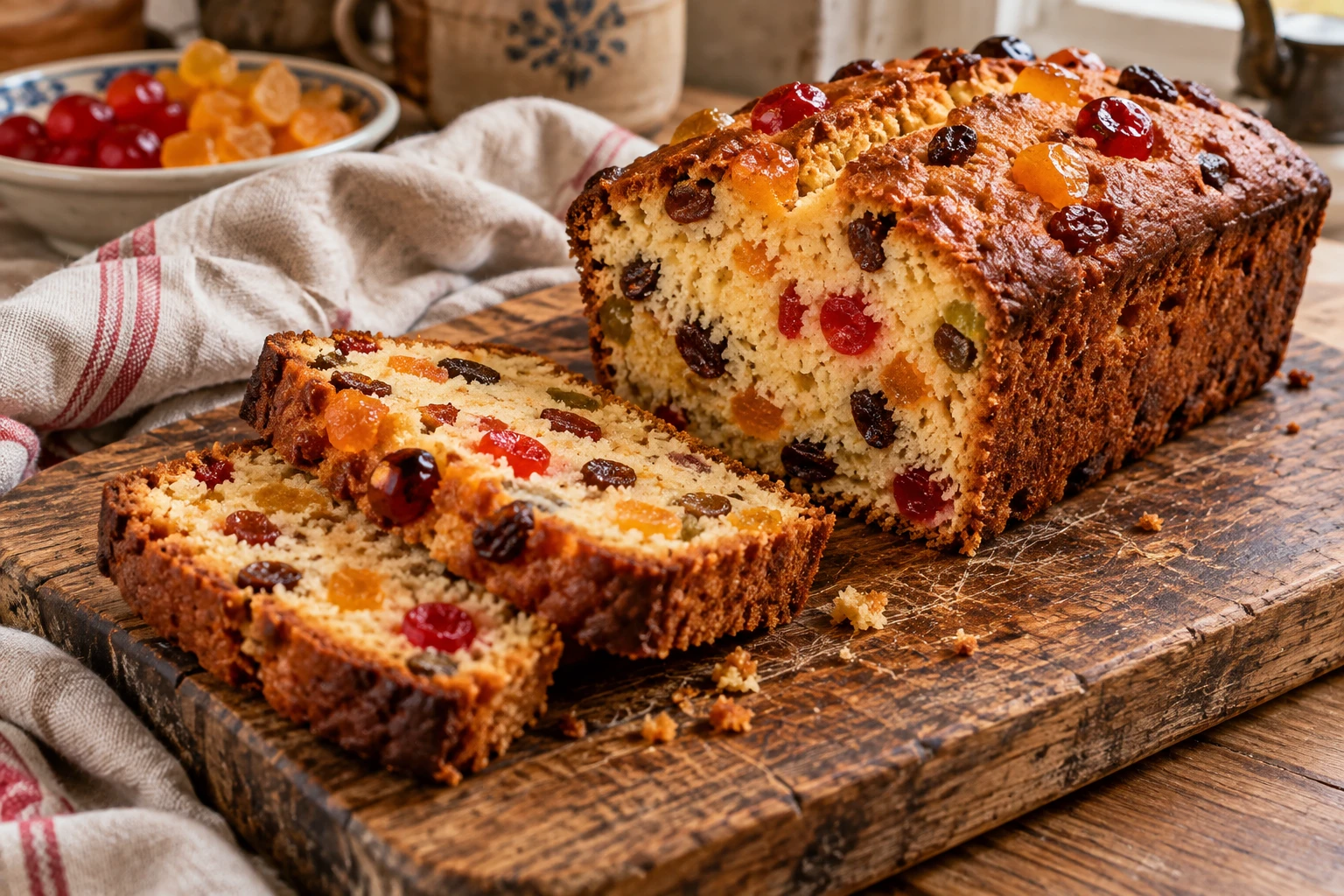 Cake aux fruits confits tranché sur une planche en bois, mie moelleuse avec cerises confites et raisins secs