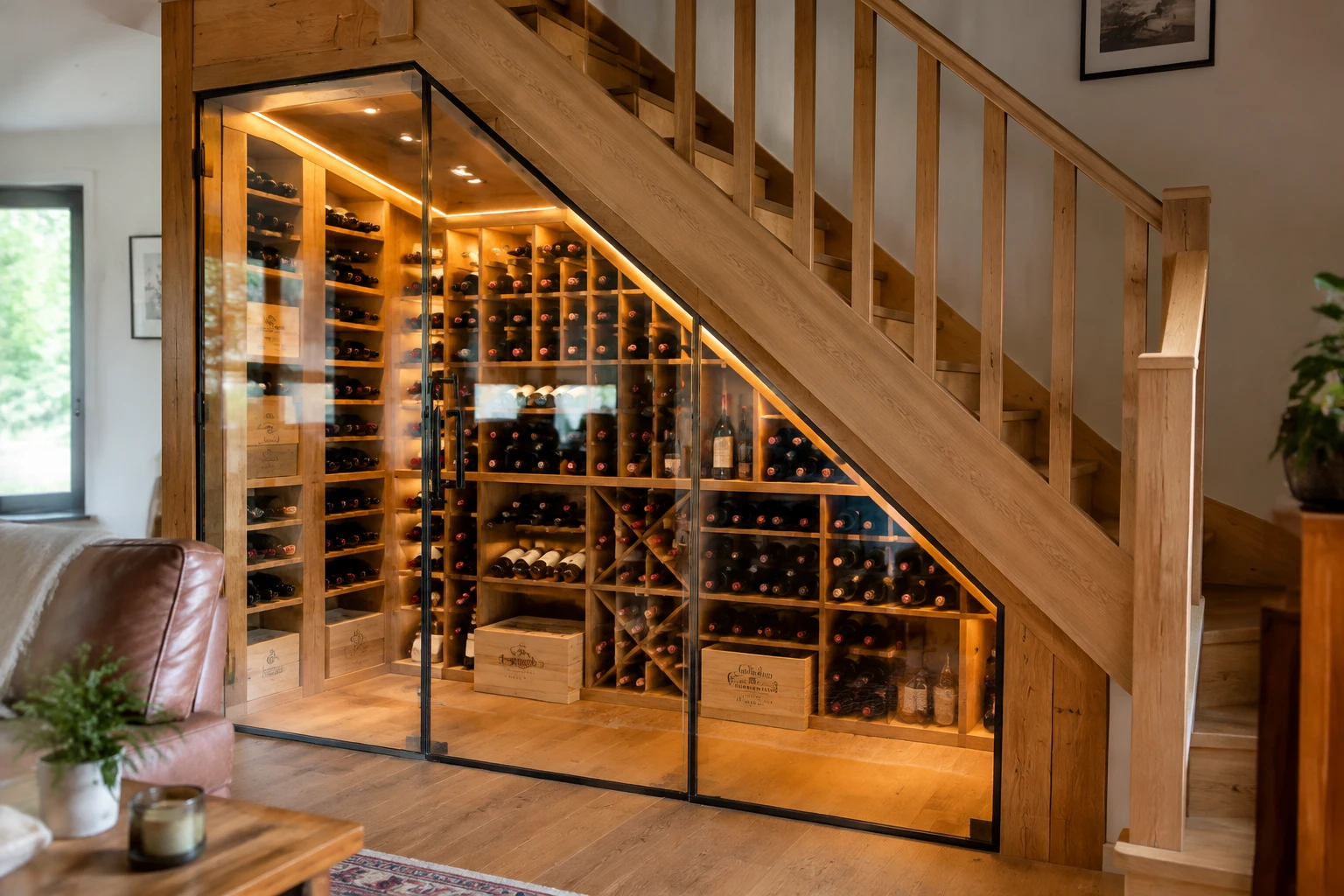 Cave à vin vitrée aménagée sous un escalier en bois, avec bouteilles rangées et éclairage LED doux