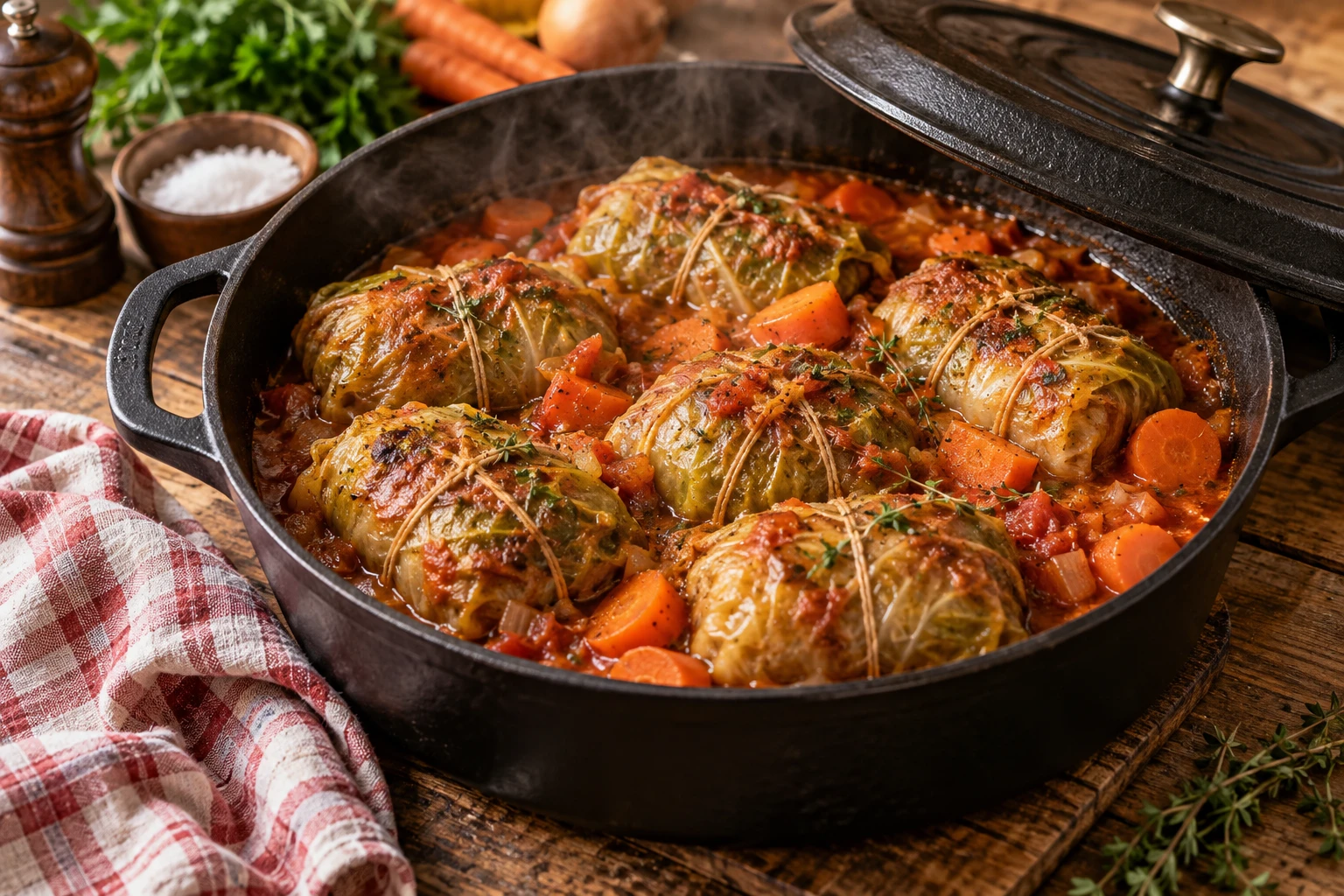 Paupiettes de chou farci mijotées en cocotte avec carottes et sauce tomate sur une table en bois