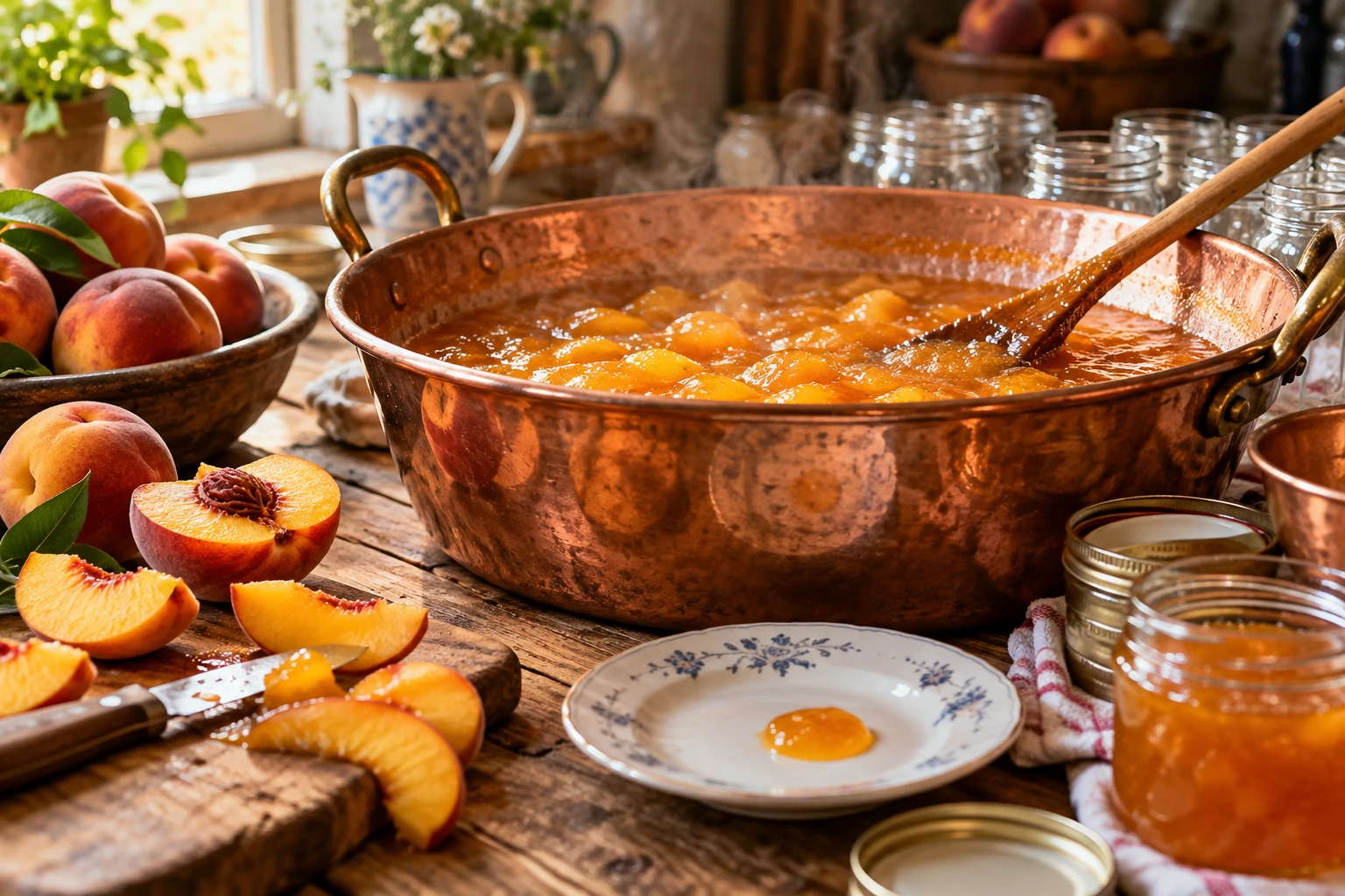 Bassine de confiture de pêches dorée, pots en verre et pêches fraîches sur une table en bois rustique