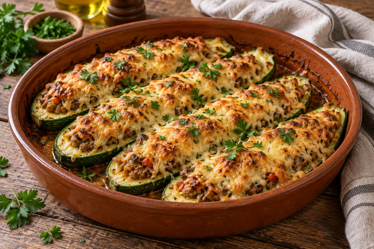 Courgettes farcies gratinées au gruyère dans un plat en terre cuite sur une table en bois rustique