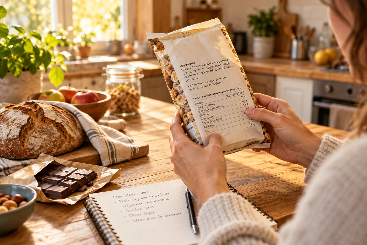 Lecture de la liste d'ingrédients d'un produit pour vérifier l'origine du E471 sur une table de cuisine