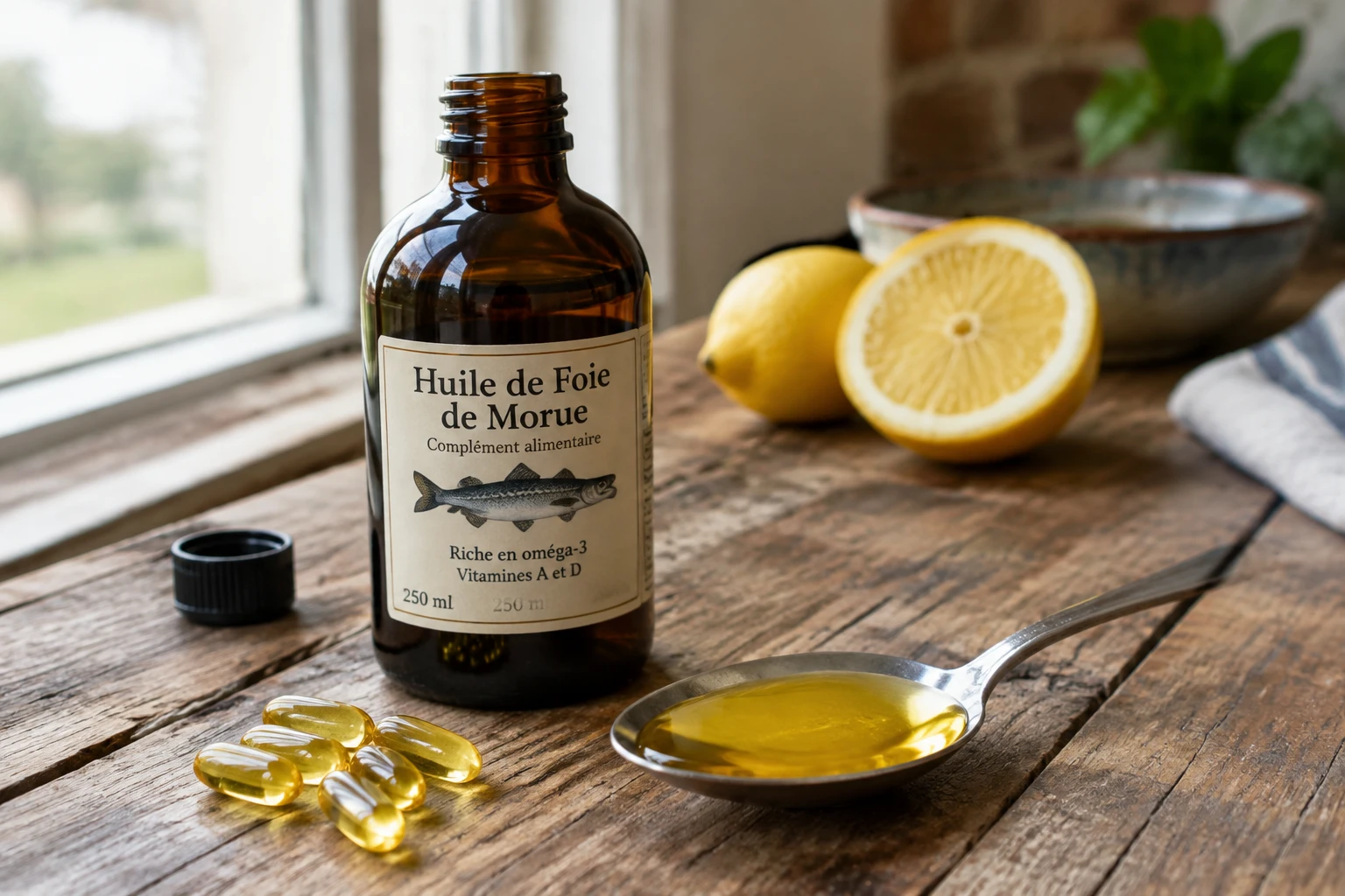 Bouteille d'huile de foie de morue, cuillère d'huile dorée et capsules sur une table en bois