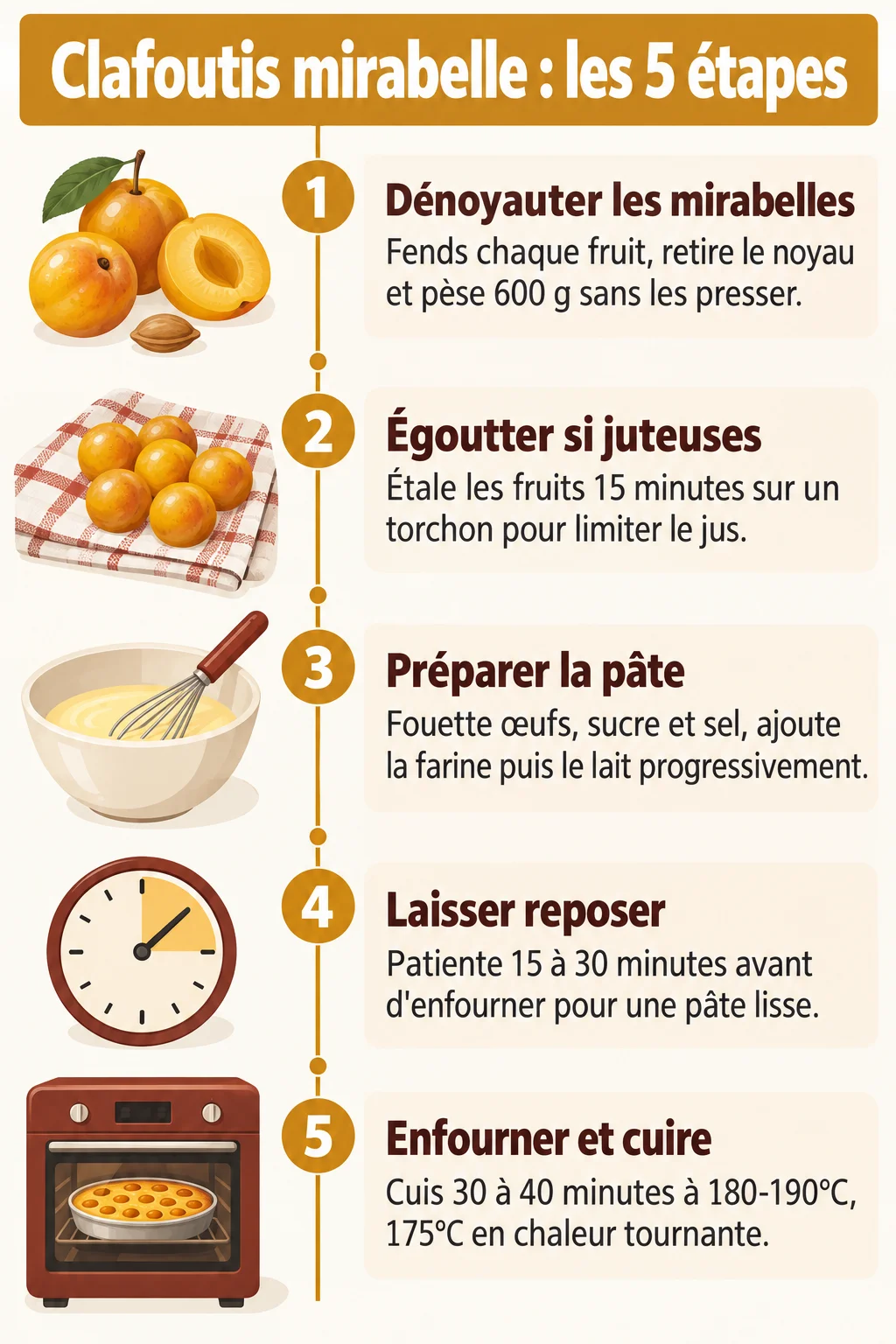 Clafoutis mirabelle : les 5 étapes : 1. Dénoyauter les mirabelles, 2. Égoutter si juteuses, 3. Préparer la pâte, 4. Laisser reposer, 5. Enfourner et cuire