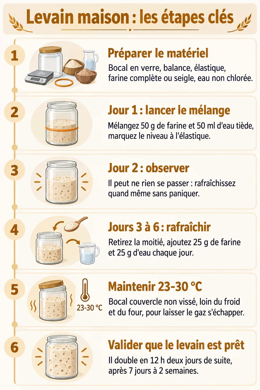 Levain maison : les étapes clés : 1. Préparer le matériel, 2. Jour 1 : lancer le mélange, 3. Jour 2 : observer, 4. Jours 3 à 6 : rafraîchir, 5. Maintenir 23-30 °C, 6. Valider que le levain est prêt