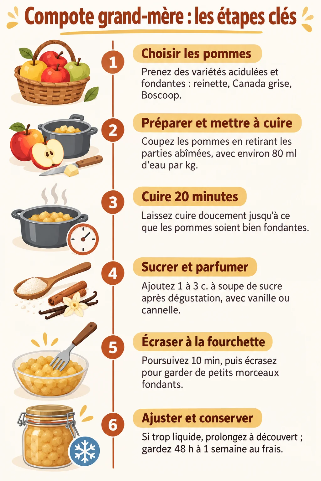Compote grand-mère : les étapes clés : 1. Choisir les pommes, 2. Préparer et mettre à cuire, 3. Cuire 20 minutes, 4. Sucrer et parfumer, 5. Écraser à la fourchette, 6. Ajuster et conserver
