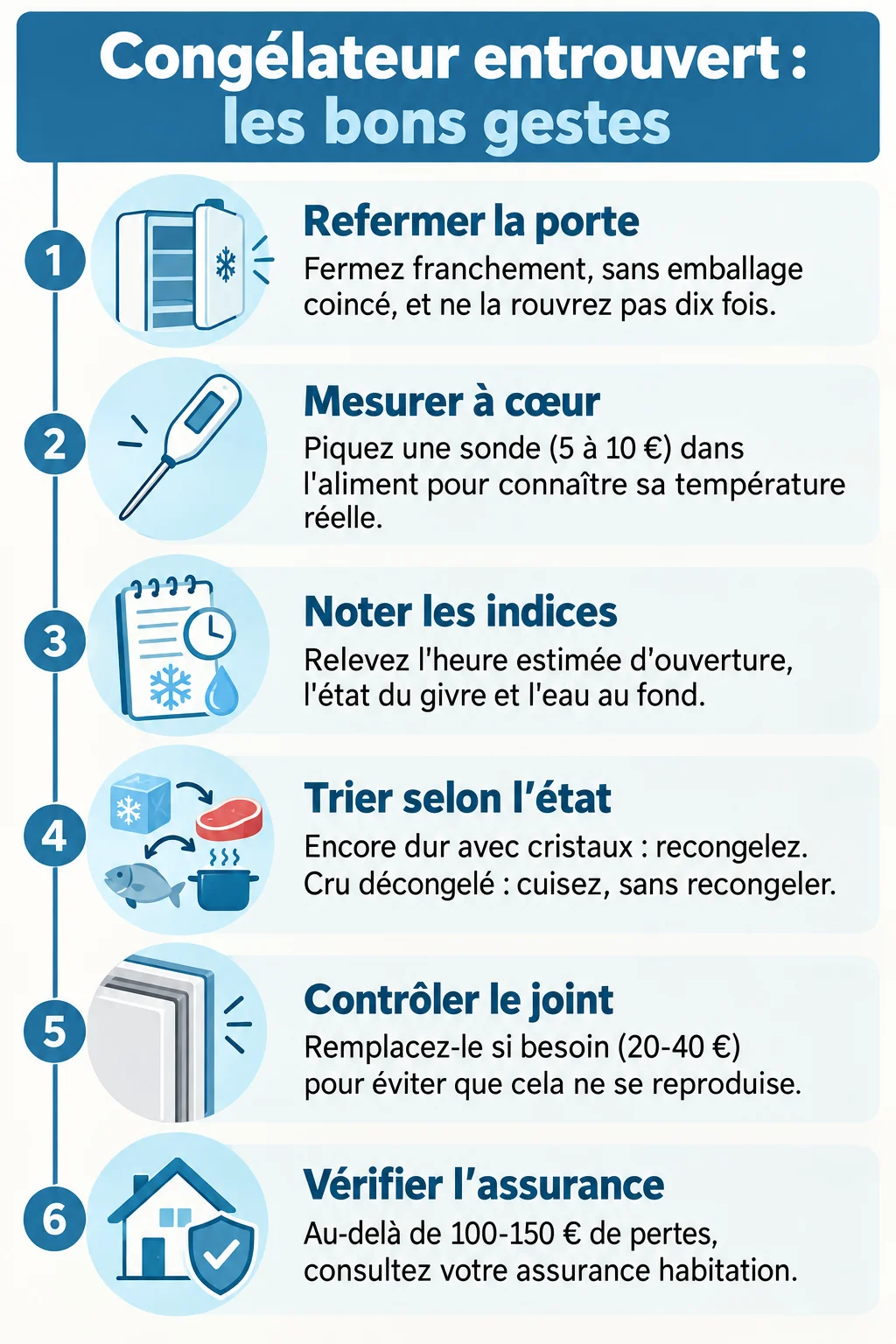 Congélateur entrouvert : les bons gestes : 1. Refermer la porte, 2. Mesurer à cœur, 3. Noter les indices, 4. Trier selon l'état, 5. Contrôler le joint, 6. Vérifier l'assurance