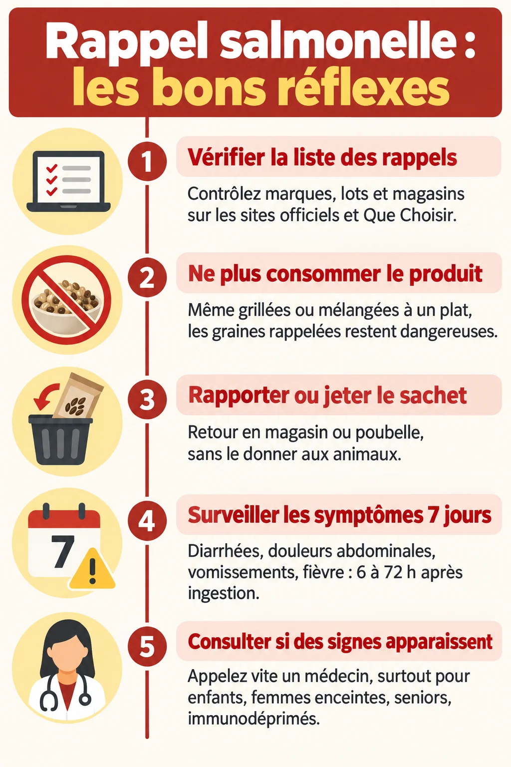 Rappel salmonelle : les bons réflexes : 1. Vérifier la liste des rappels, 2. Ne plus consommer le produit, 3. Rapporter ou jeter le sachet, 4. Surveiller les symptômes 7 jours, 5. Consulter si des signes apparaissent