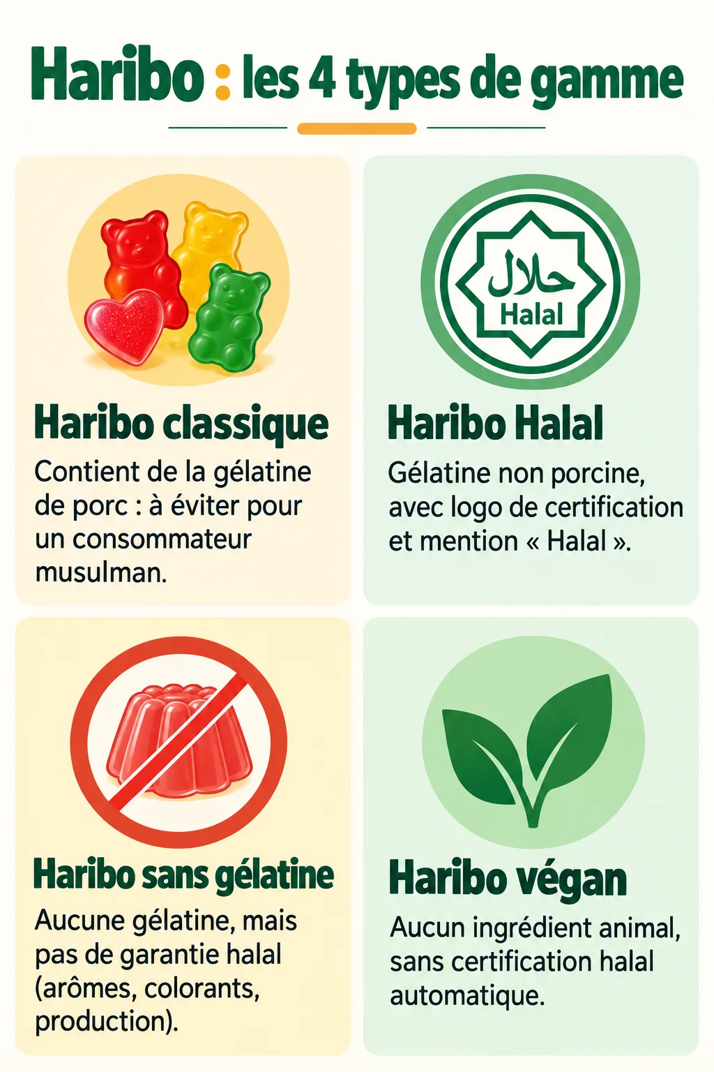 Haribo : les 4 types de gamme : Haribo classique, Haribo Halal, Haribo sans gélatine, Haribo végan