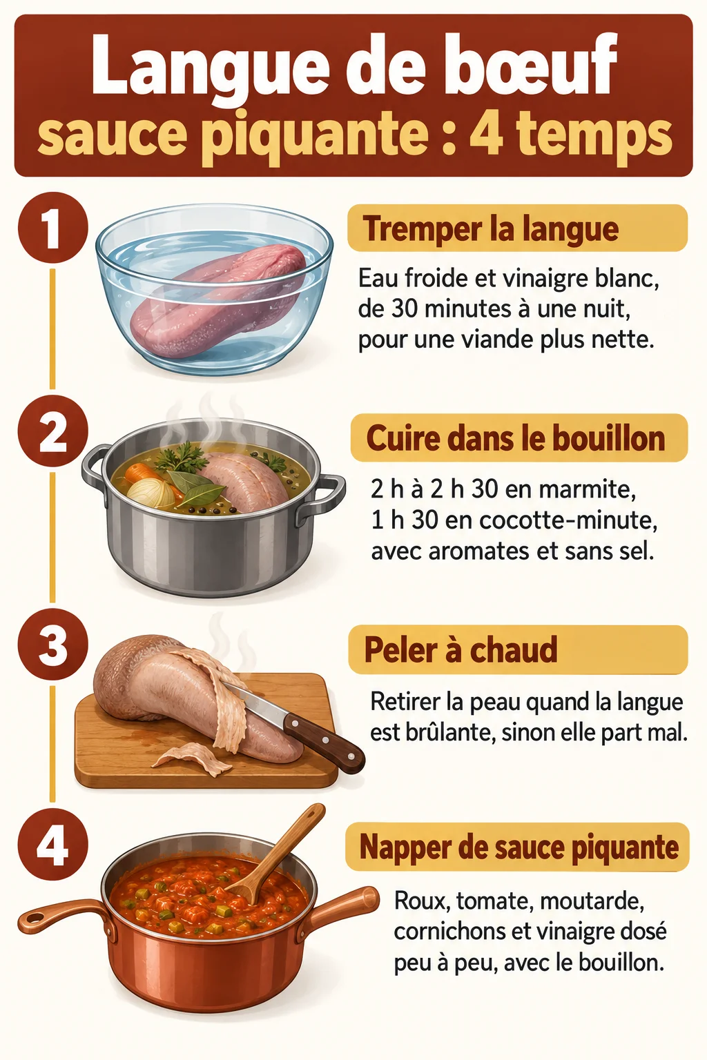 Langue de bœuf sauce piquante : 4 temps : 1. Tremper la langue, 2. Cuire dans le bouillon, 3. Peler à chaud, 4. Napper de sauce piquante