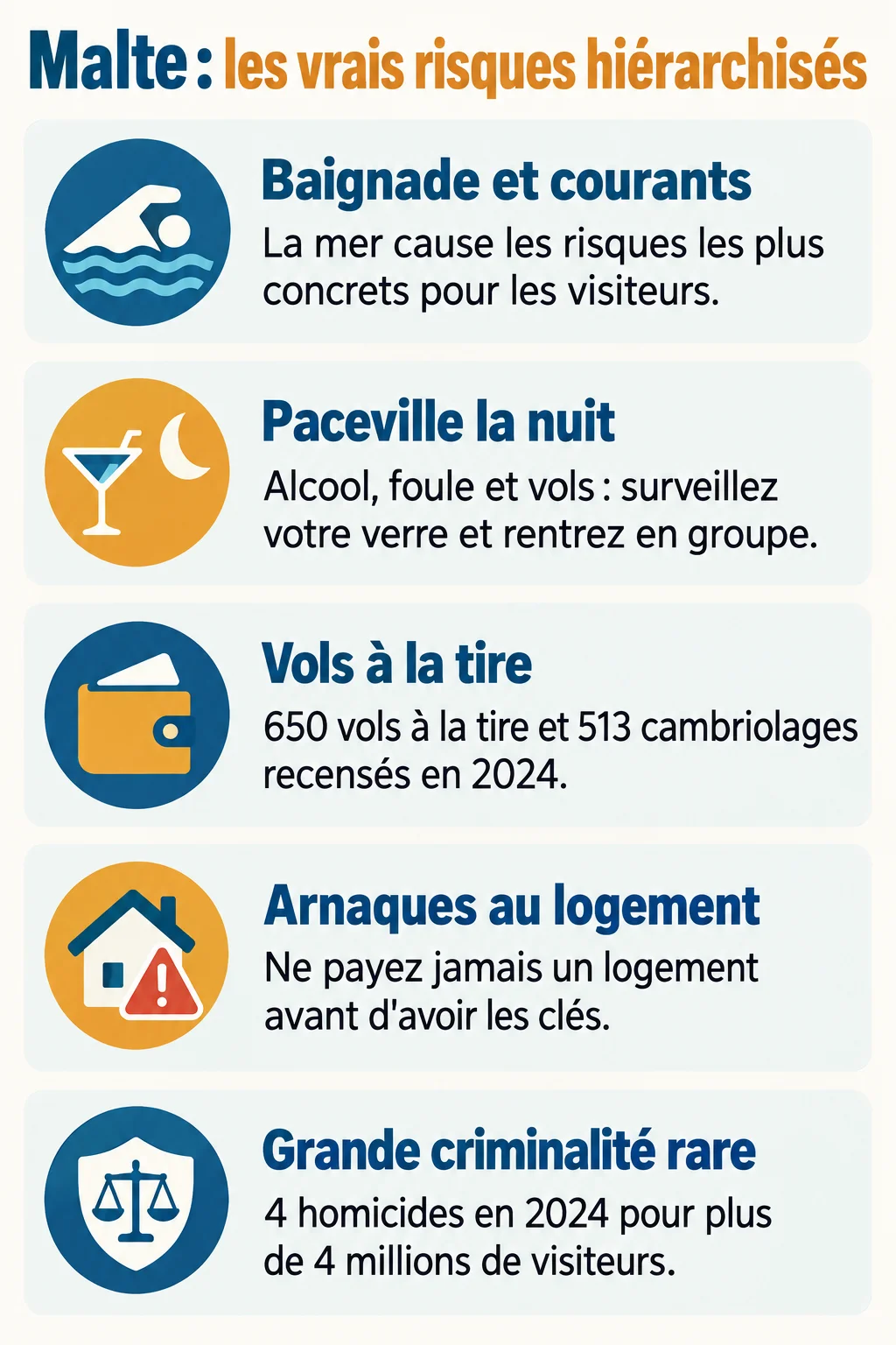 Malte : les vrais risques hiérarchisés : Baignade et courants, Paceville la nuit, Vols à la tire, Arnaques au logement, Grande criminalité rare