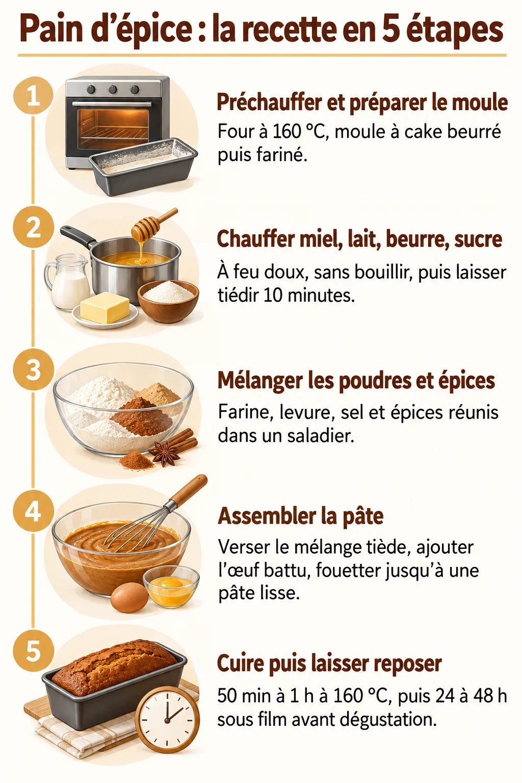 Pain d'épice : la recette en 5 étapes : 1. Préchauffer et préparer le moule, 2. Chauffer miel, lait, beurre, sucre, 3. Mélanger les poudres et épices, 4. Assembler la pâte, 5. Cuire puis laisser reposer