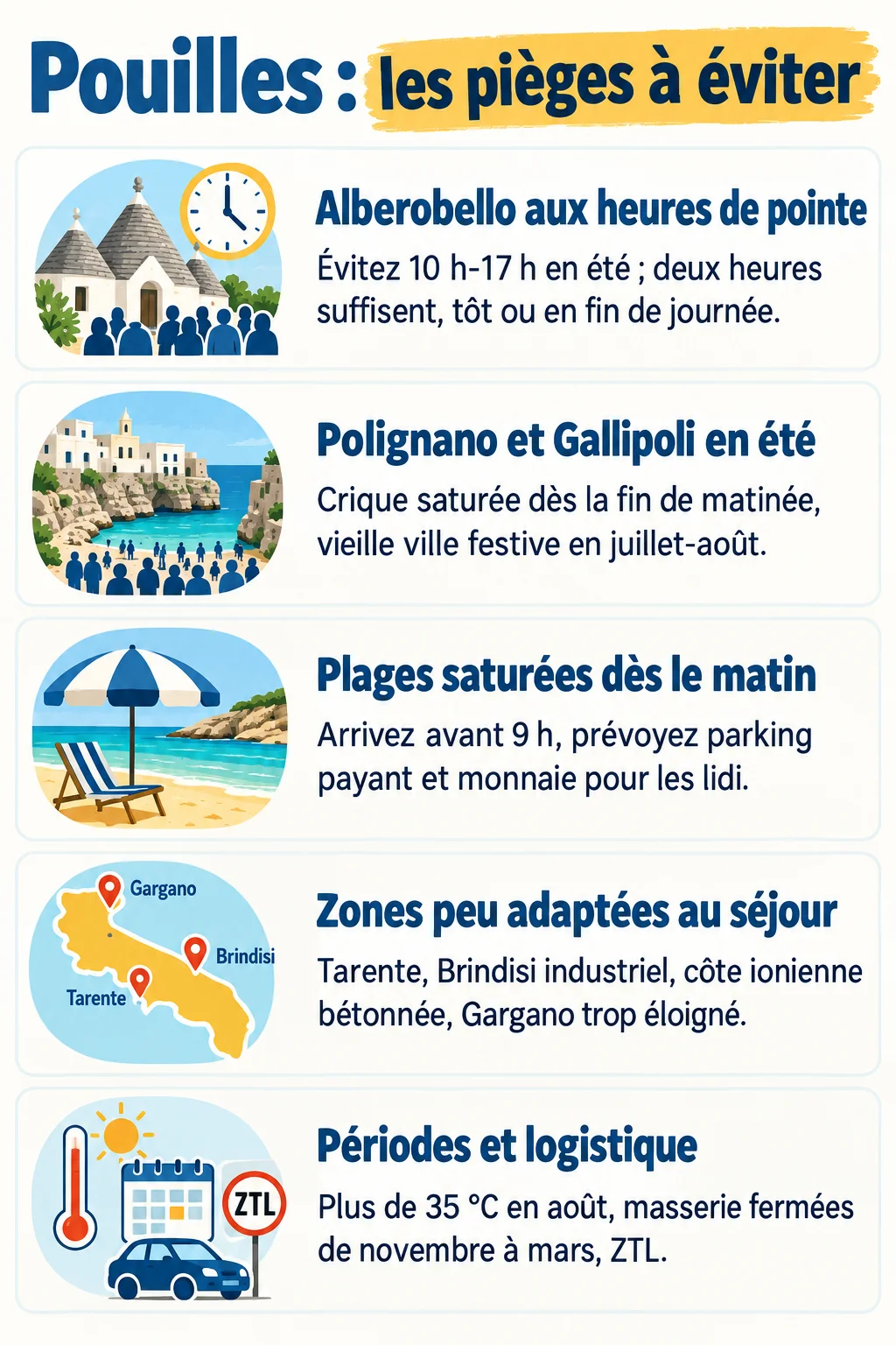Pouilles : les pièges à éviter : Alberobello aux heures de pointe, Polignano et Gallipoli en été, Plages saturées dès le matin, Zones peu adaptées au séjour, Périodes et logistique