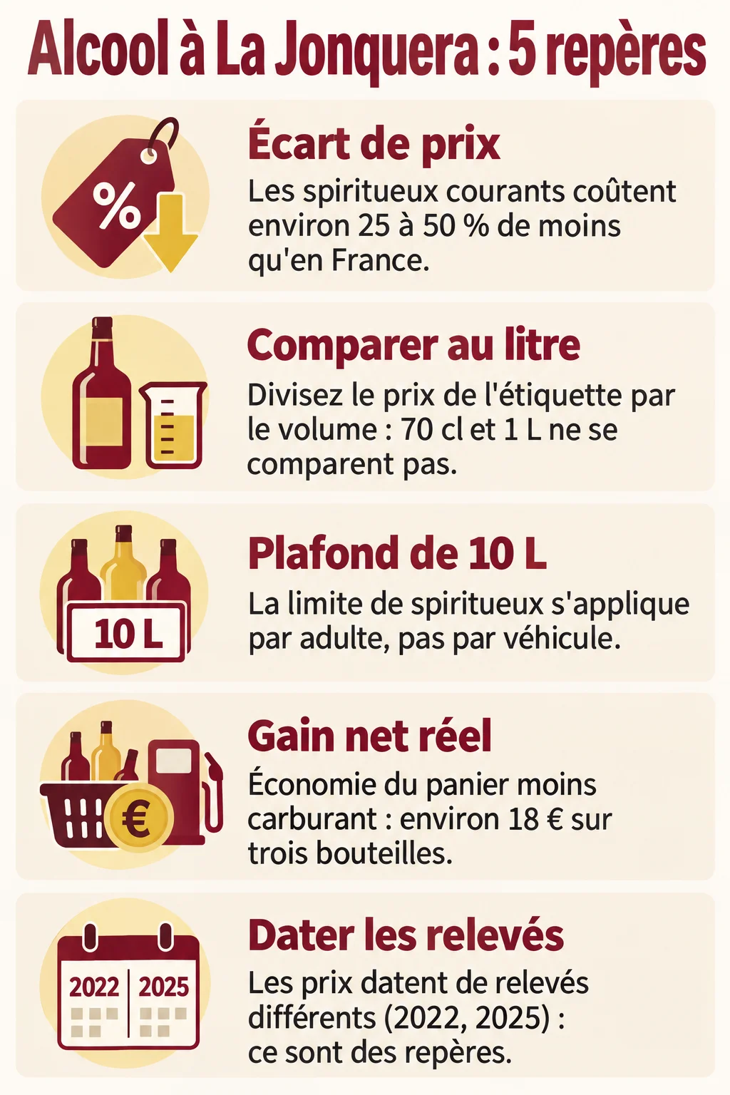 Alcool à La Jonquera : 5 repères : Écart de prix, Comparer au litre, Plafond de 10 L, Gain net réel, Dater les relevés