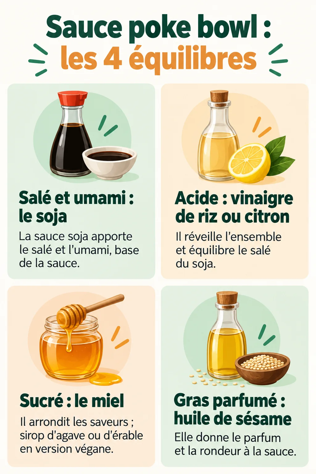 Sauce poke bowl : les 4 équilibres : Salé et umami : le soja, Acide : vinaigre de riz ou citron, Sucré : le miel, Gras parfumé : huile de sésame