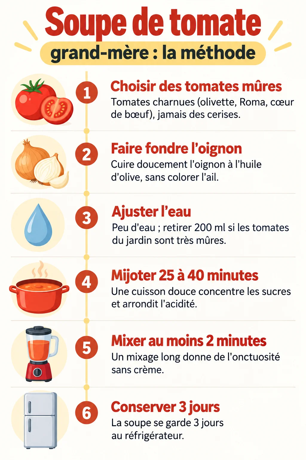 Soupe de tomate grand-mère : la méthode : 1. Choisir des tomates mûres, 2. Faire fondre l'oignon, 3. Ajuster l'eau, 4. Mijoter 25 à 40 minutes, 5. Mixer au moins 2 minutes, 6. Conserver 3 jours